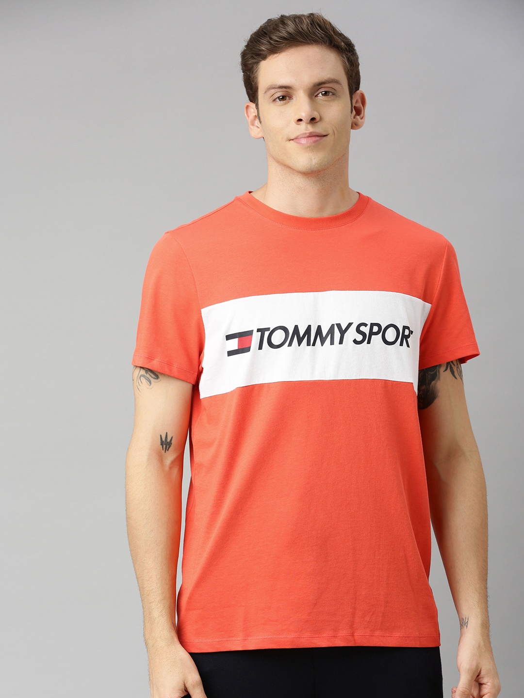 

Tommy Hilfiger Men Orange & White Printed Round Neck T-shirt