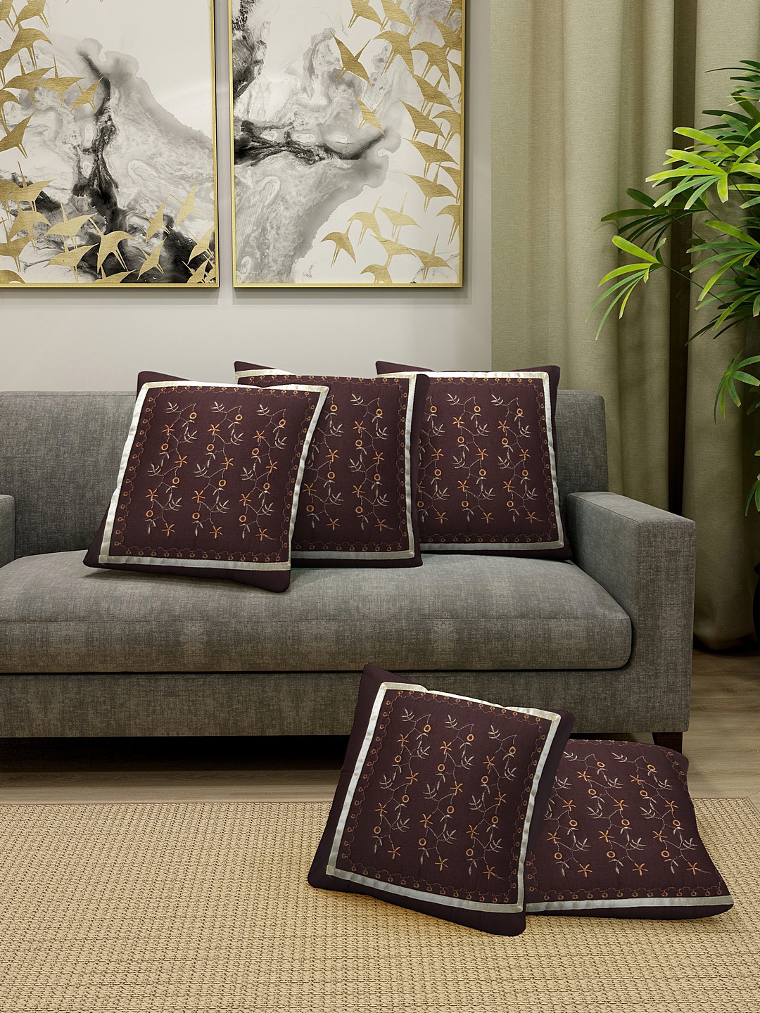 

HOSTA HOMES Brown & Green Set of 5 Floral Embroidered Square Cushion Covers