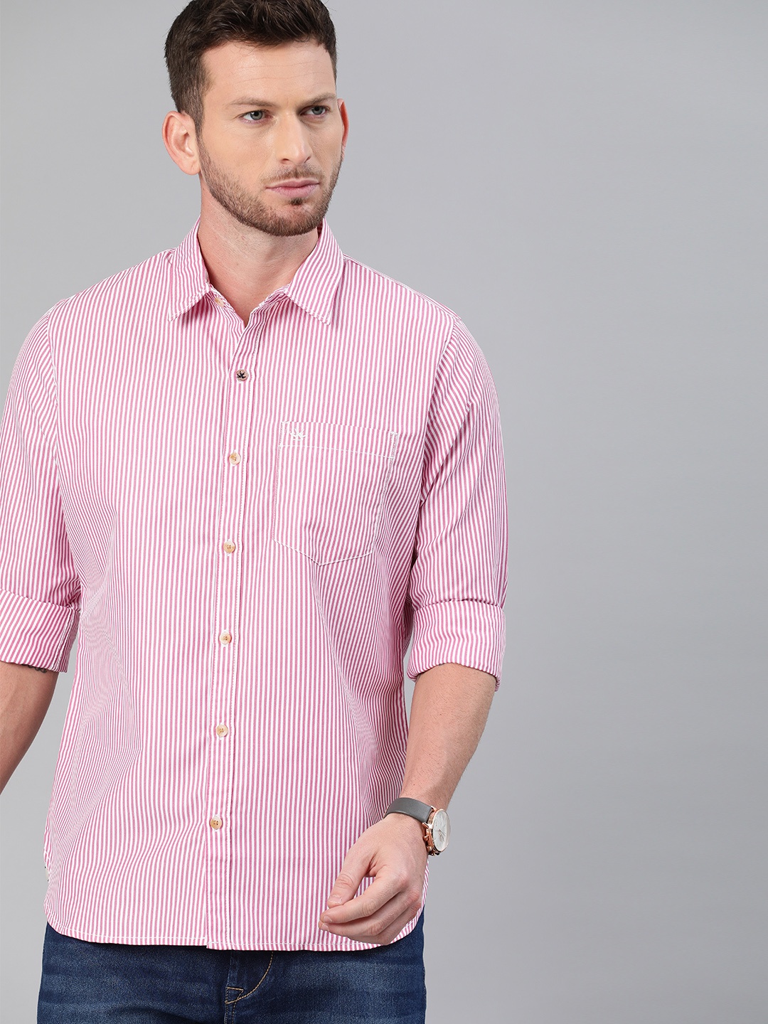 

WROGN Men Pink & White Slim Fit Striped Casual Shirt