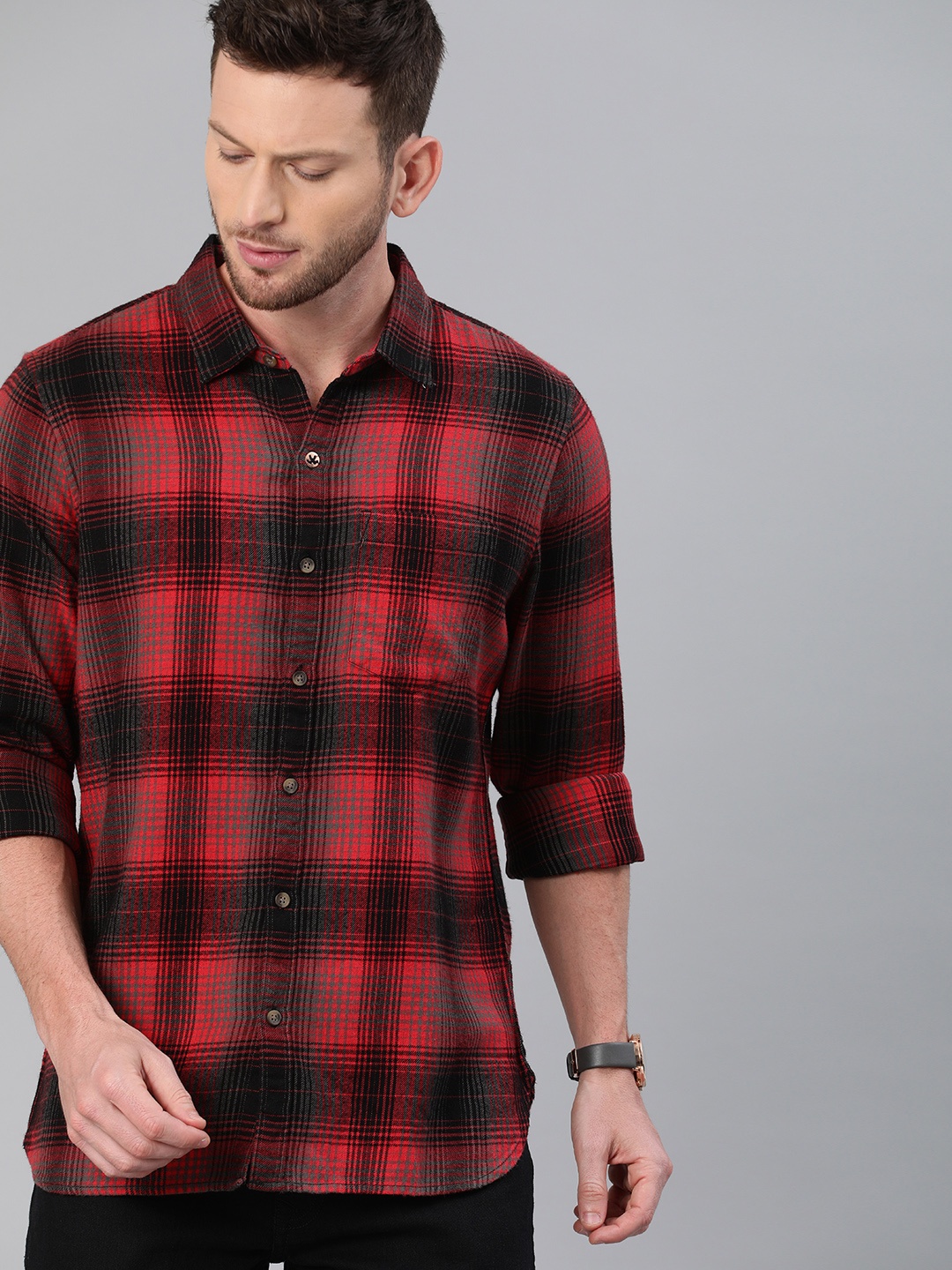 

WROGN Men Red & Black Regular Fit Checked Flannel Casual Shirt