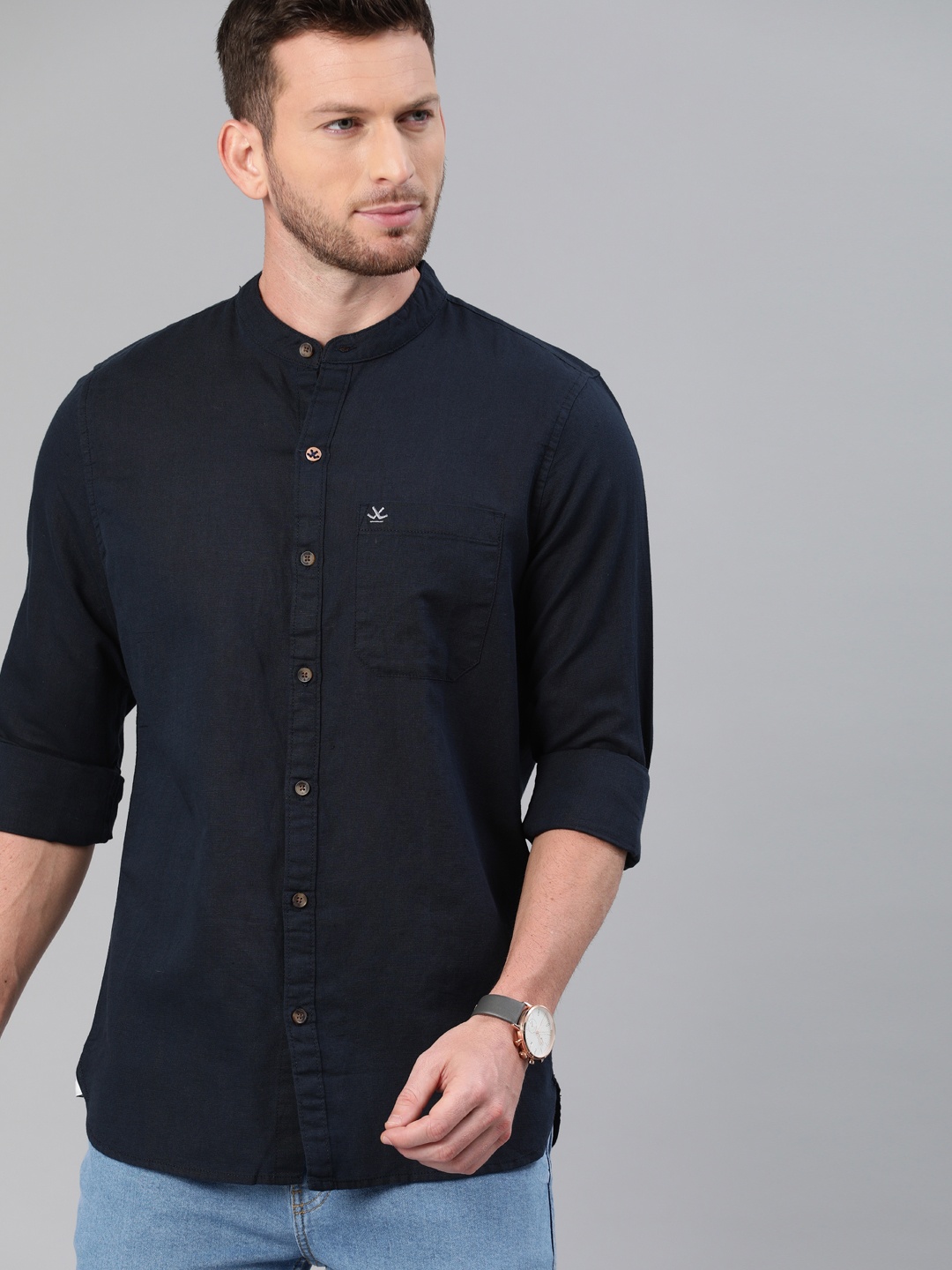

WROGN Men Navy Blue Slim Fit Solid Casual Shirt