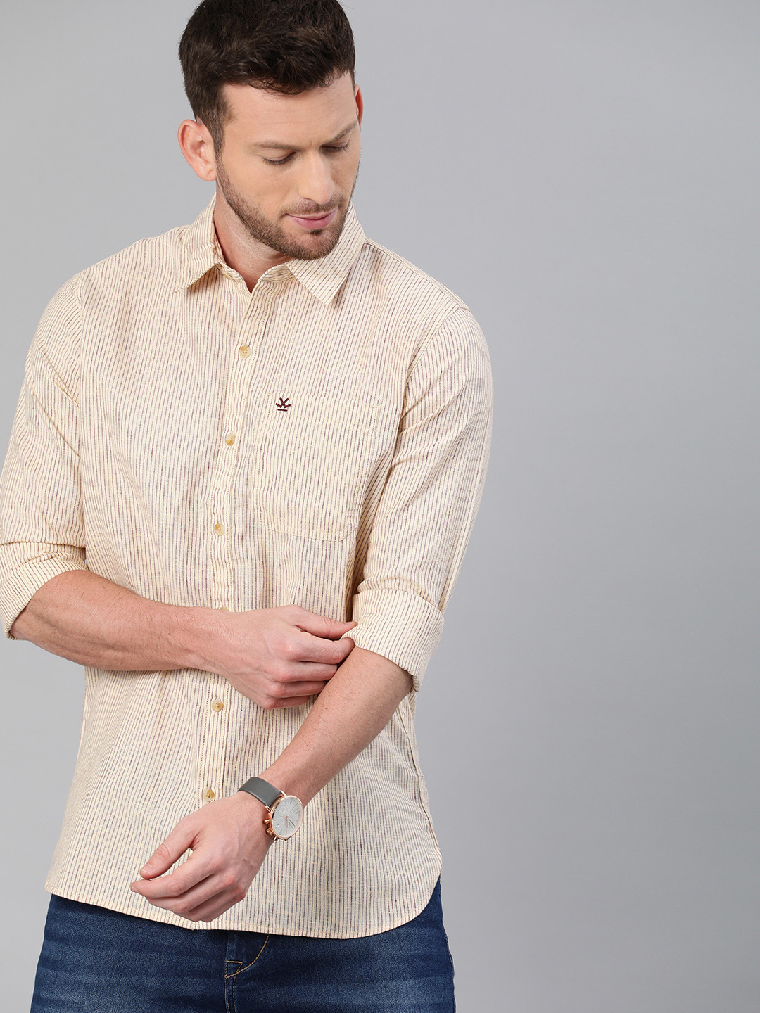 

WROGN Men Beige & Burgundy Slim Fit Striped Casual Shirt