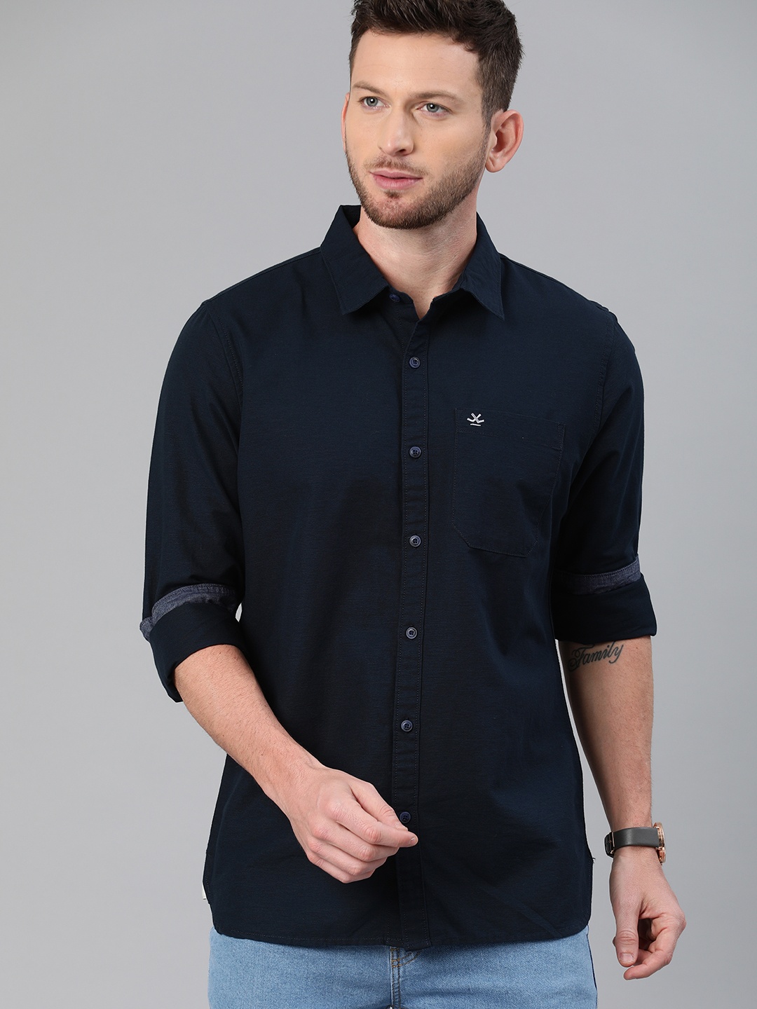 

WROGN Men Navy Blue Slim Fit Solid Casual Shirt