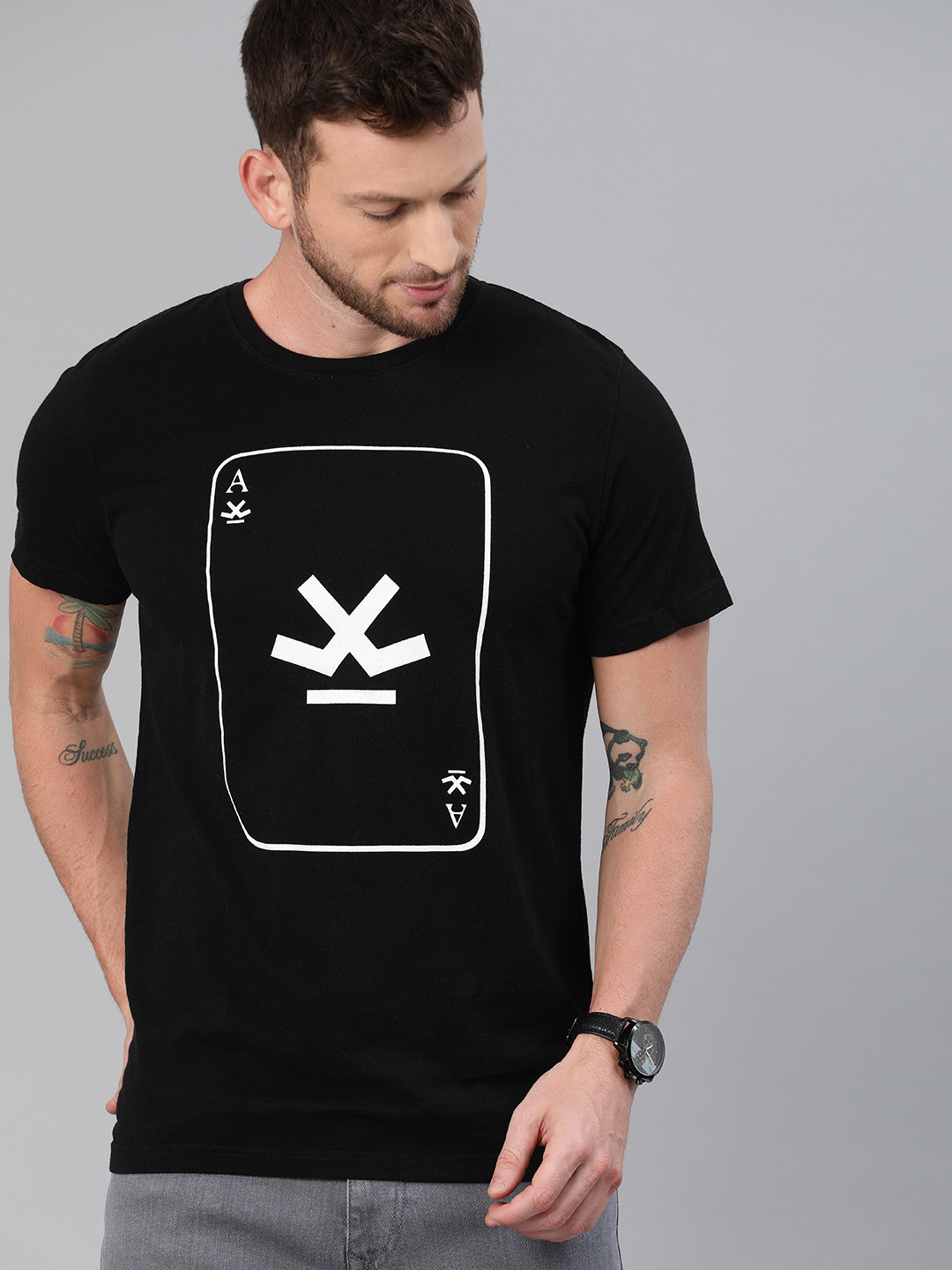 

WROGN Men Black Printed Round Neck Pure Cotton T-shirt