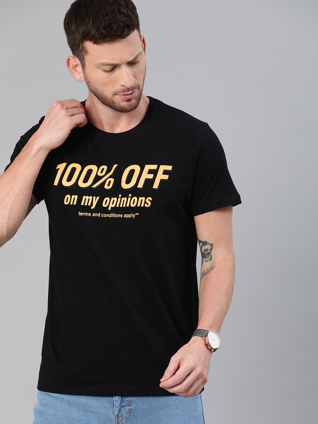 

WROGN Men Black Printed Round Neck Pure Cotton T-shirt