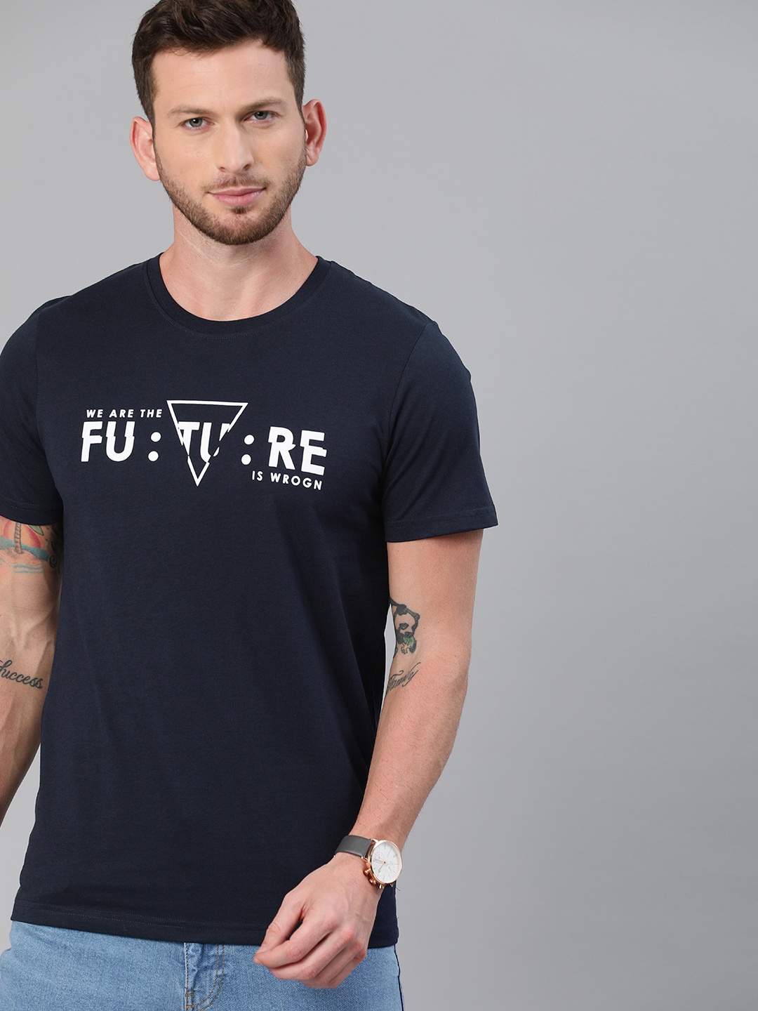 

WROGN Men Navy Blue Printed Round Neck Pure Cotton T-shirt