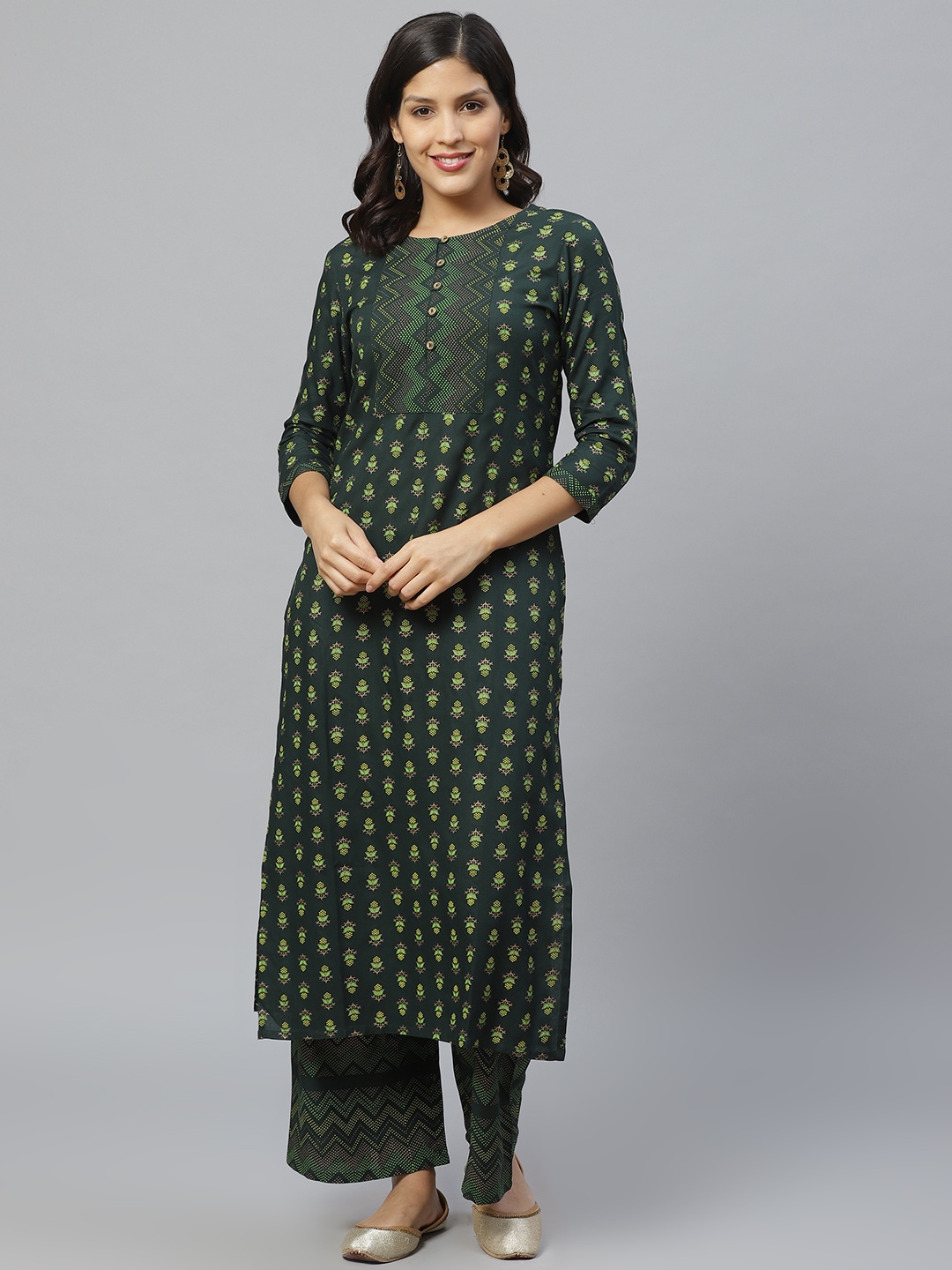 

Indo Era Women Green & Yellow Foil Printed Kurta with Palazzos