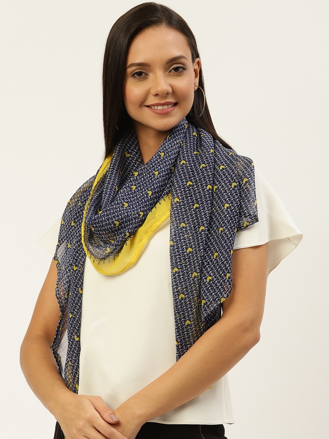 

WISSTLER Women Navy Blue & Yellow Heart Print Stole