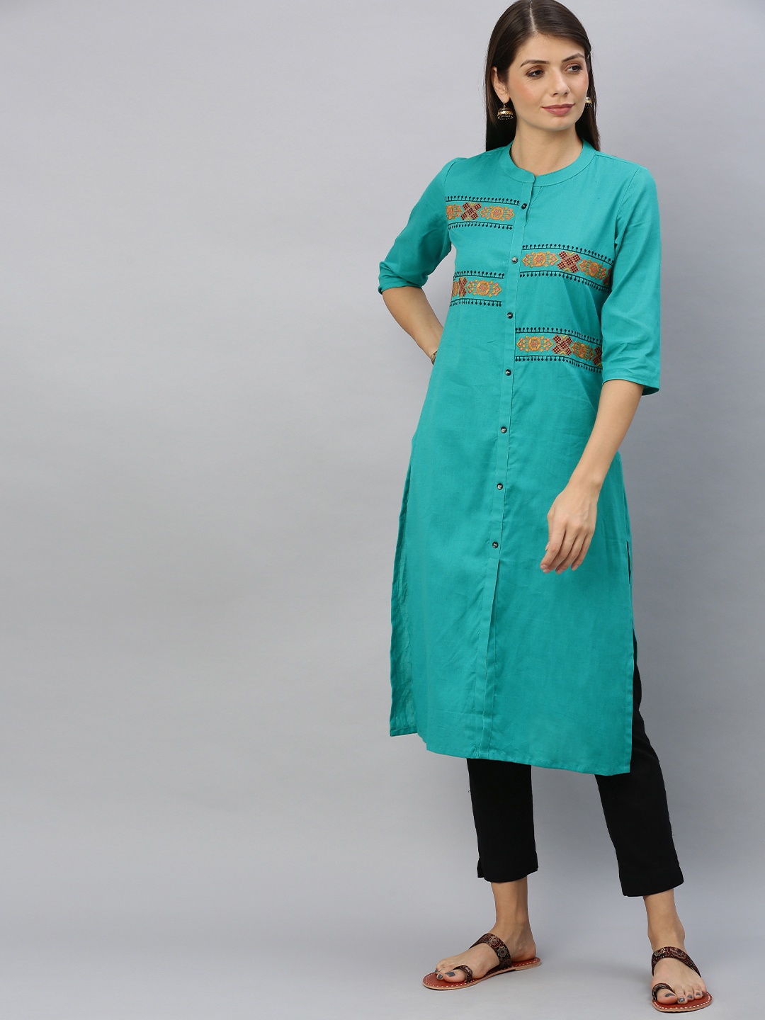 

Alena Women Turquoise Blue Embroidered Straight Kurta