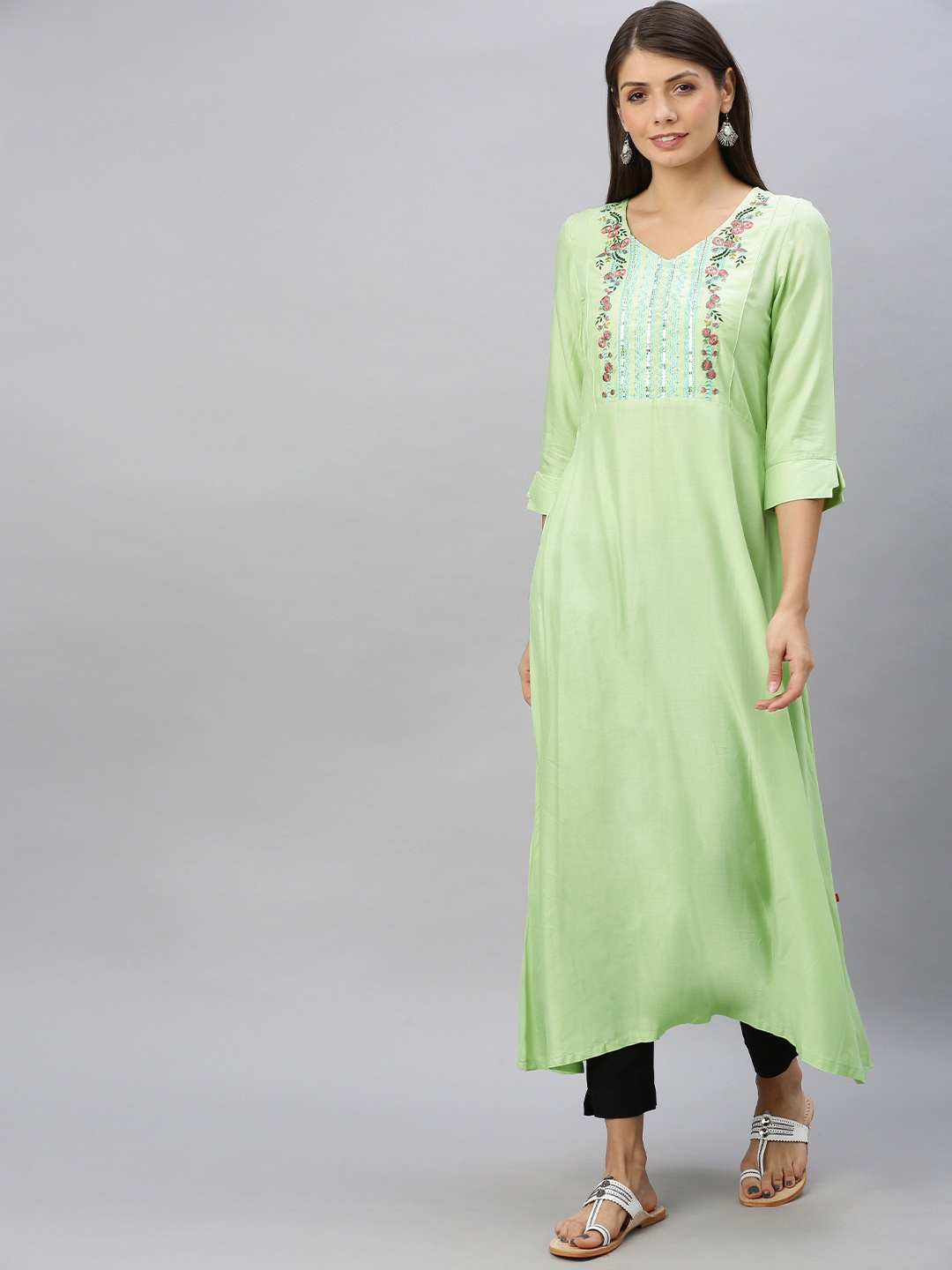 

Alena Women Green Embroidered A-Line Kurta with Sequins