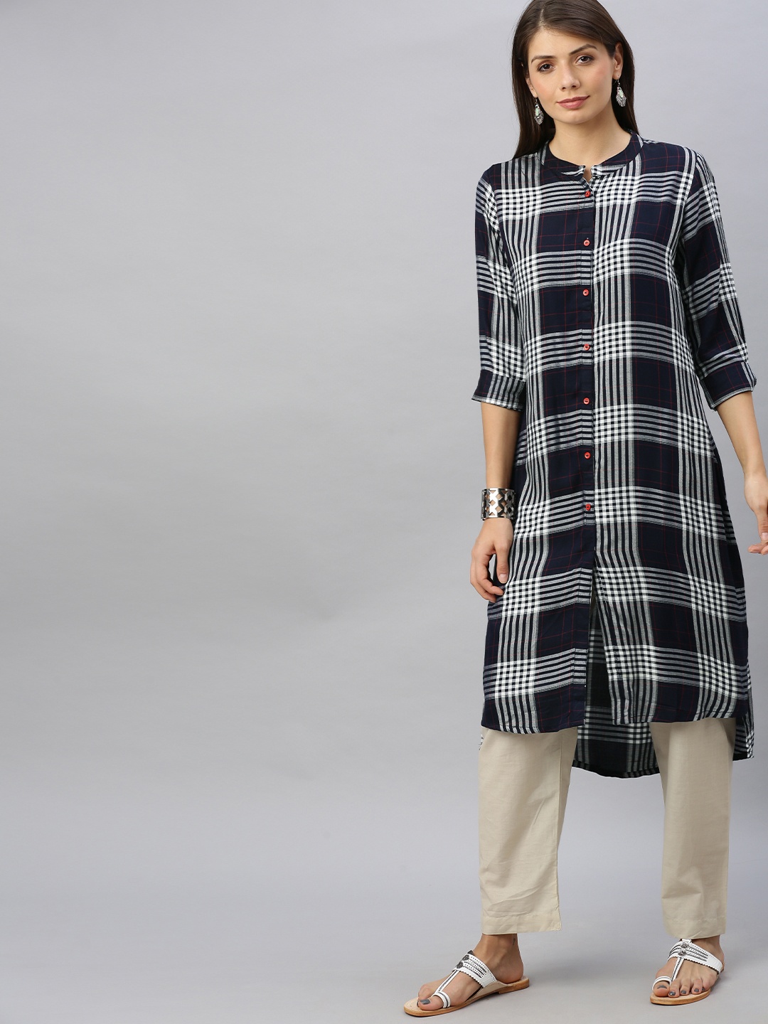 

Alena Women Navy Blue & White Checked A-line High-Low Kurta