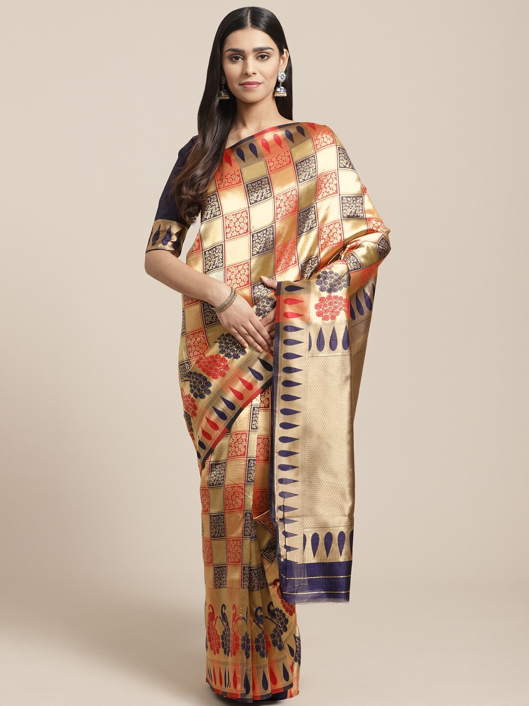 

Saree mall Navy Blue & Red Woven Design Banarasi Saree