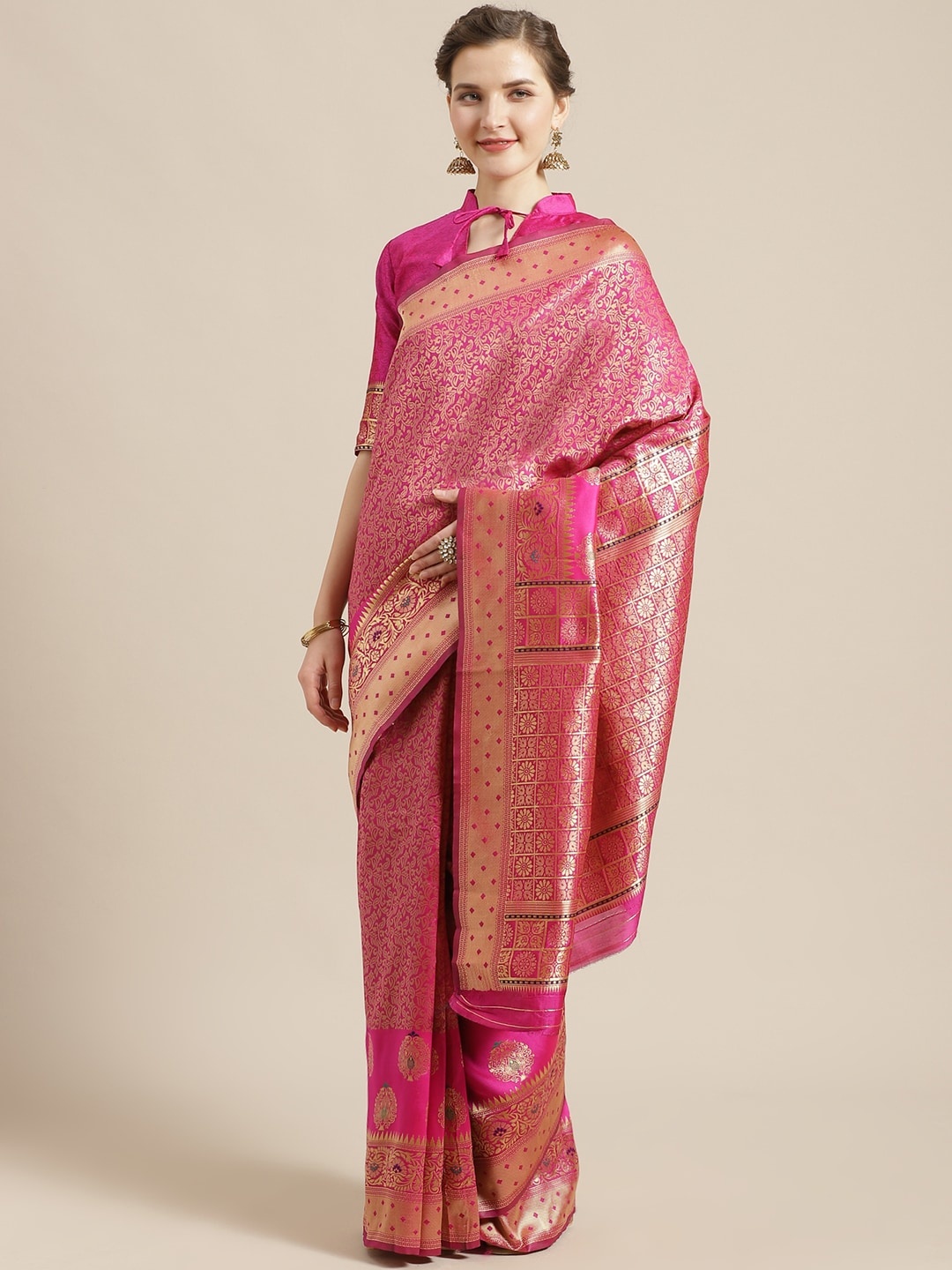 

Saree mall Pink & Golden Paisley Woven Design Banarasi Saree