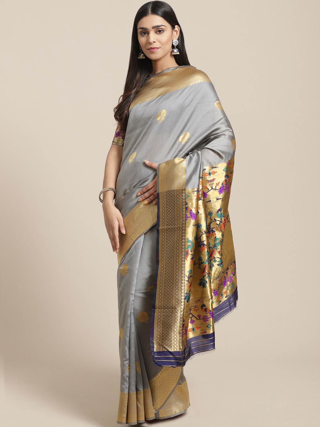 

Saree mall Grey & Navy Blue Woven Design Banarasi Saree