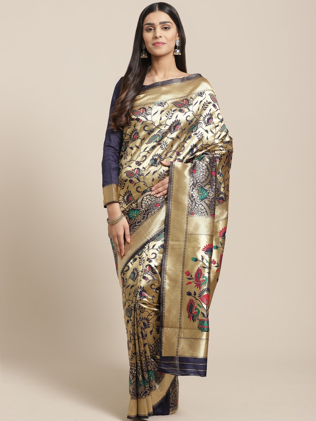 

Saree mall Navy Blue & Golden Woven Design Banarasi Saree