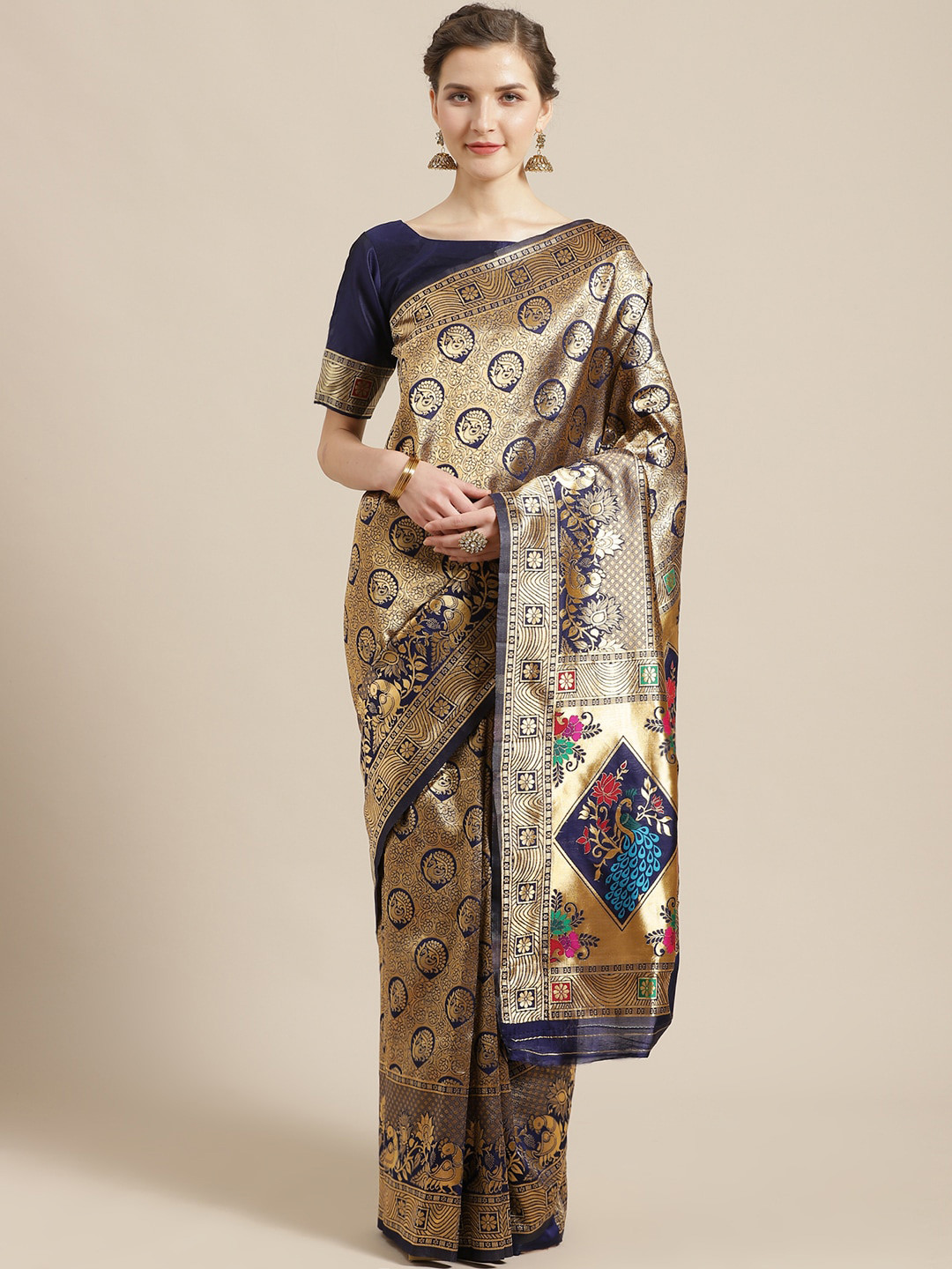 

Saree mall Golden & Navy Blue Ethnic Woven Design Banarasi Saree, Gold