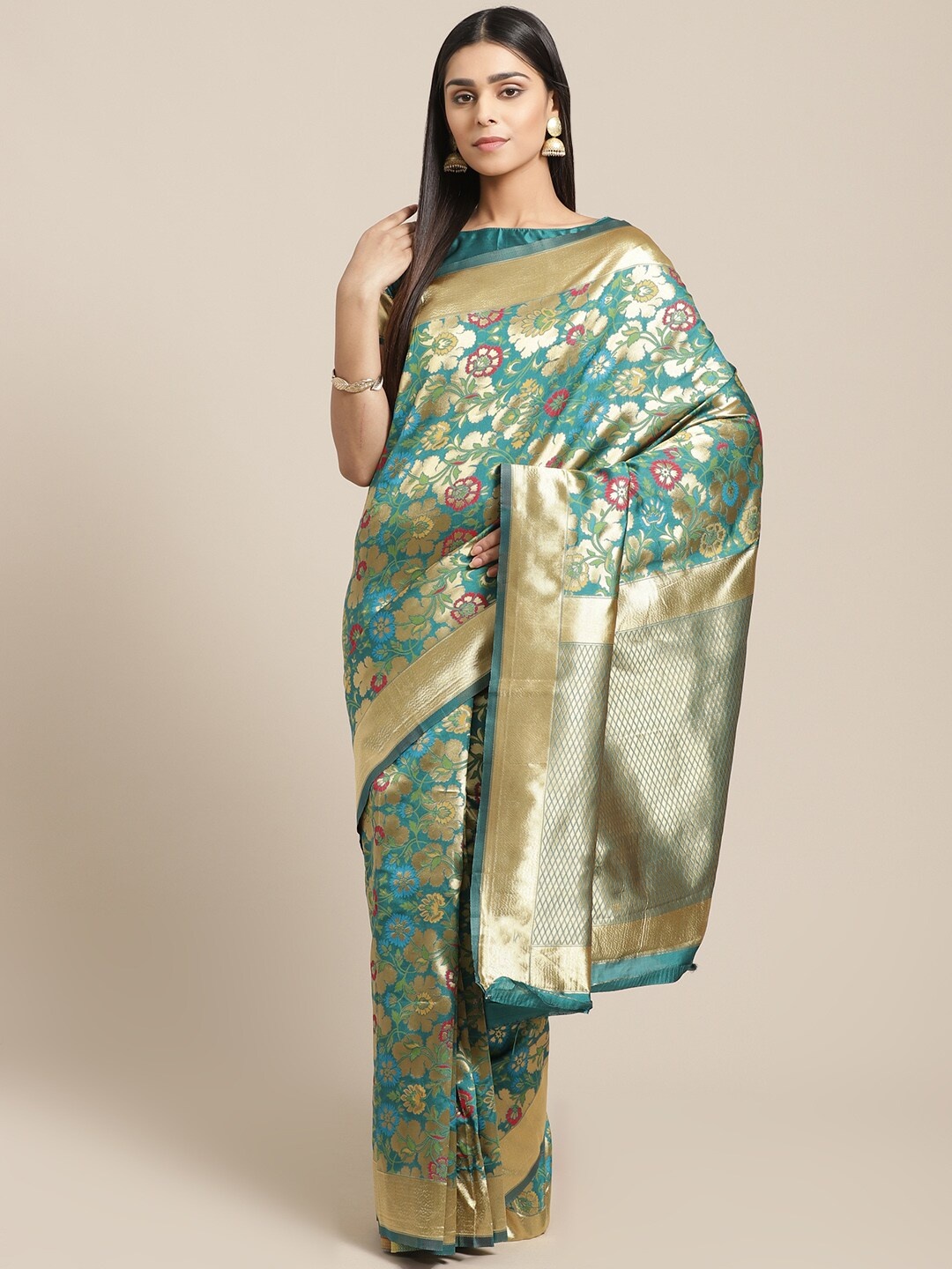 

Saree mall Teal Green & Golden Ethnic Woven Design Banarasi Saree