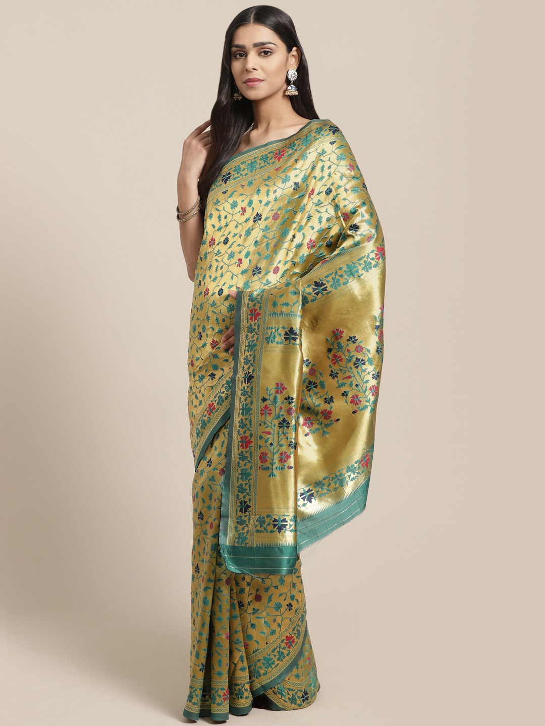 

Saree mall Green & Golden Woven Design Banarasi Saree