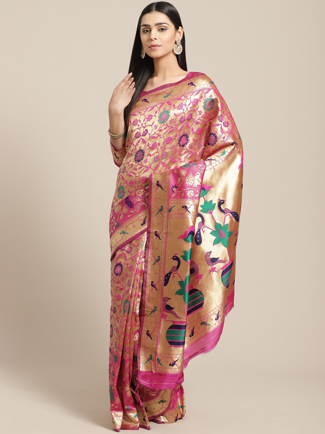 

Saree mall Pink & Golden Ethnic Woven Design Banarasi Saree