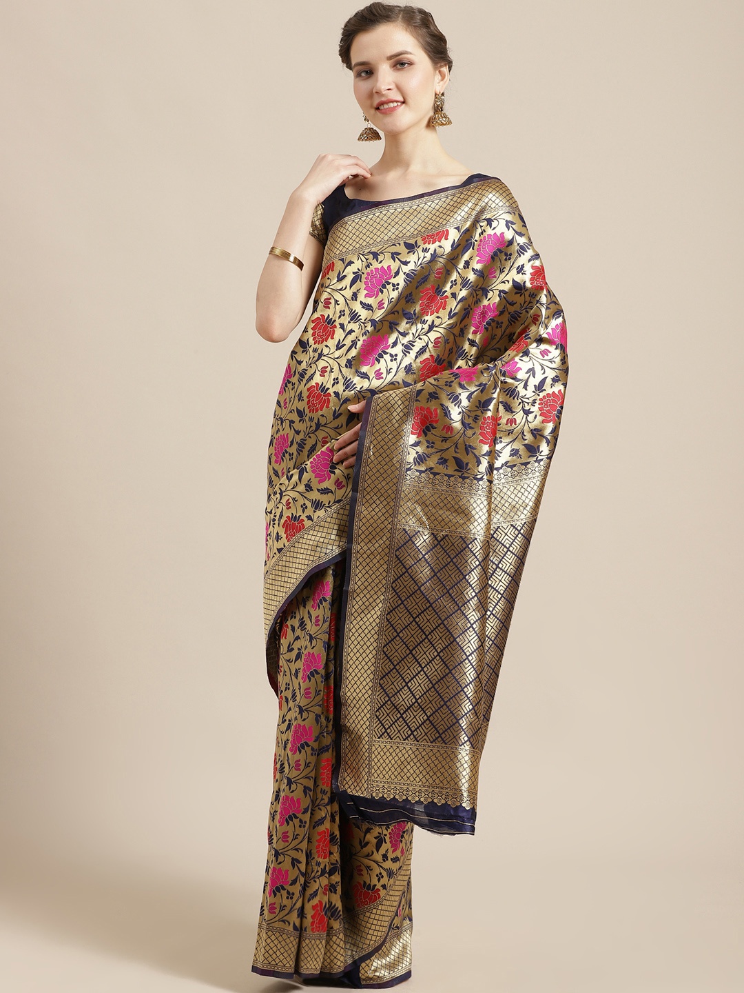 

Saree mall Golden & Navy Woven Design Banarasi Saree, Gold