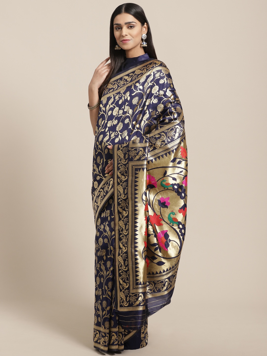 

Saree mall Navy Blue & Golden Woven Design Banarasi Saree