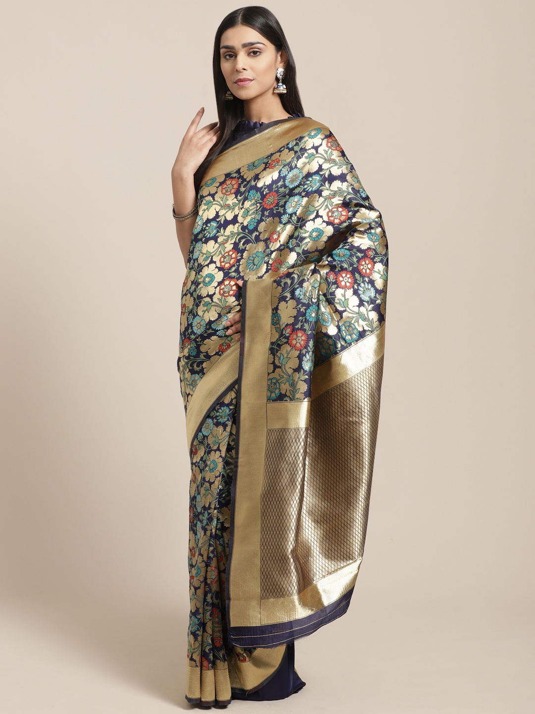 

Saree mall Navy Blue & Golden Floral Woven Design Banarasi Saree