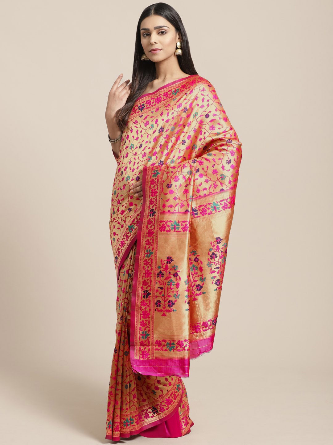 

Saree mall Golden & Pink Woven Design Banarasi Saree, Gold