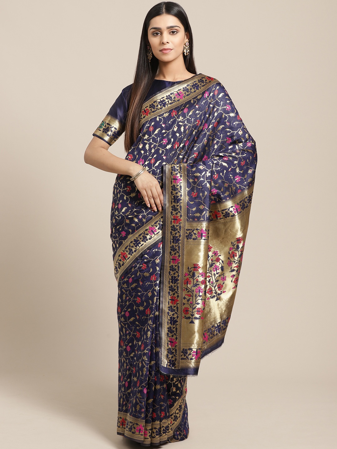 

Saree mall Navy Blue & Pink Woven Design Banarasi Saree