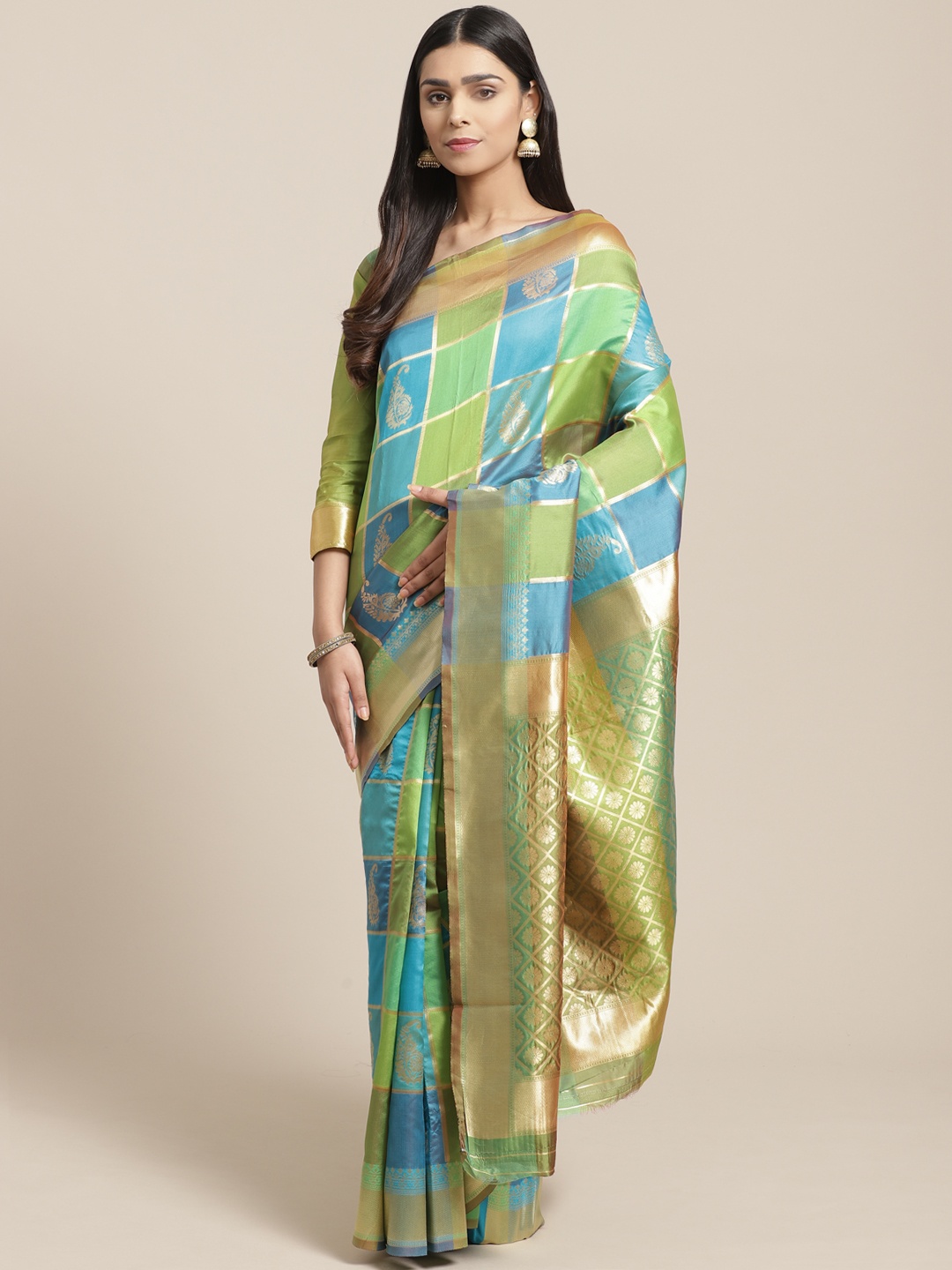 

Saree mall Blue & Green Paisley Checked Banarasi Saree