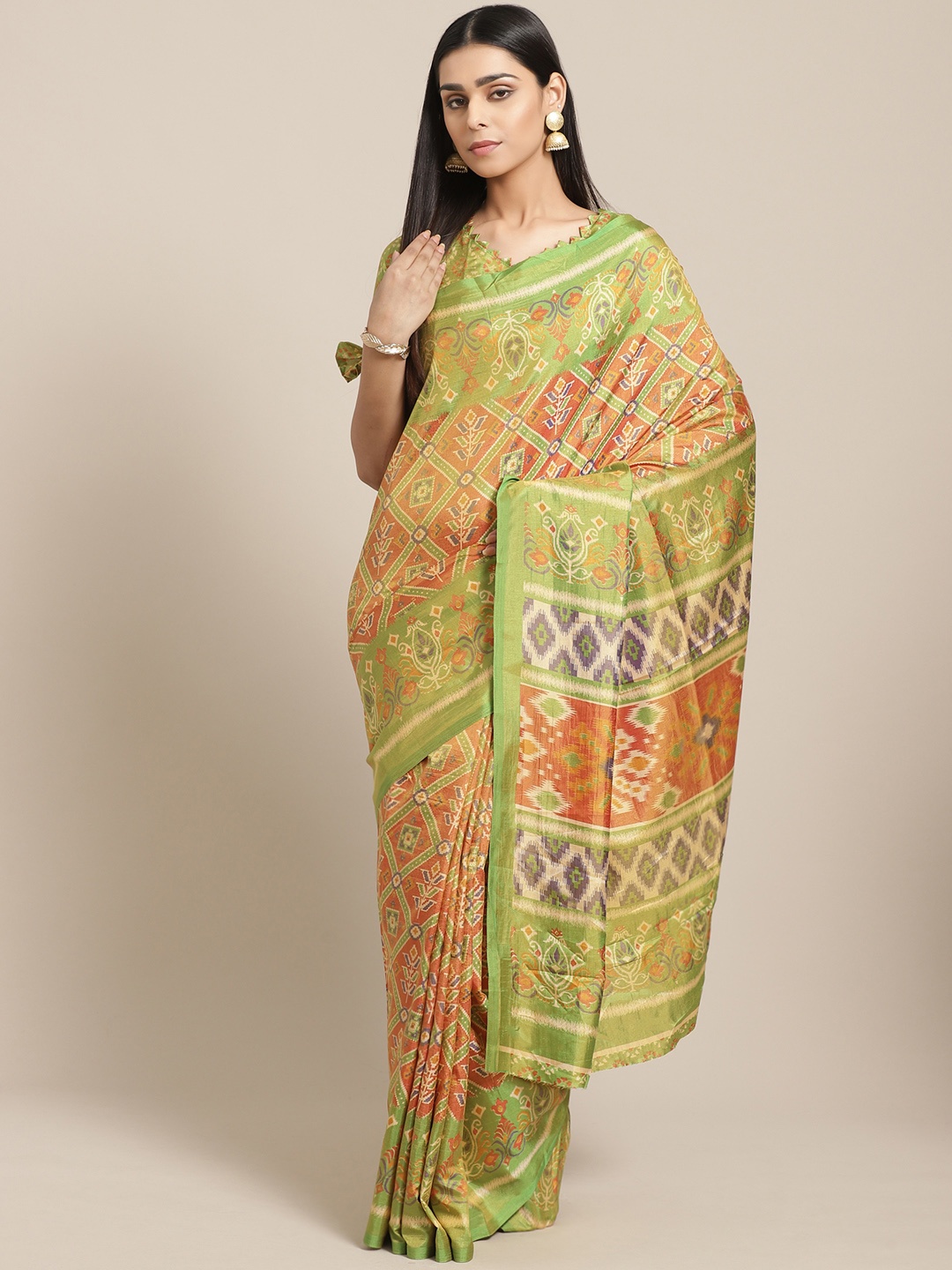 

Saree mall Orange & Green Printed Ikat Saree