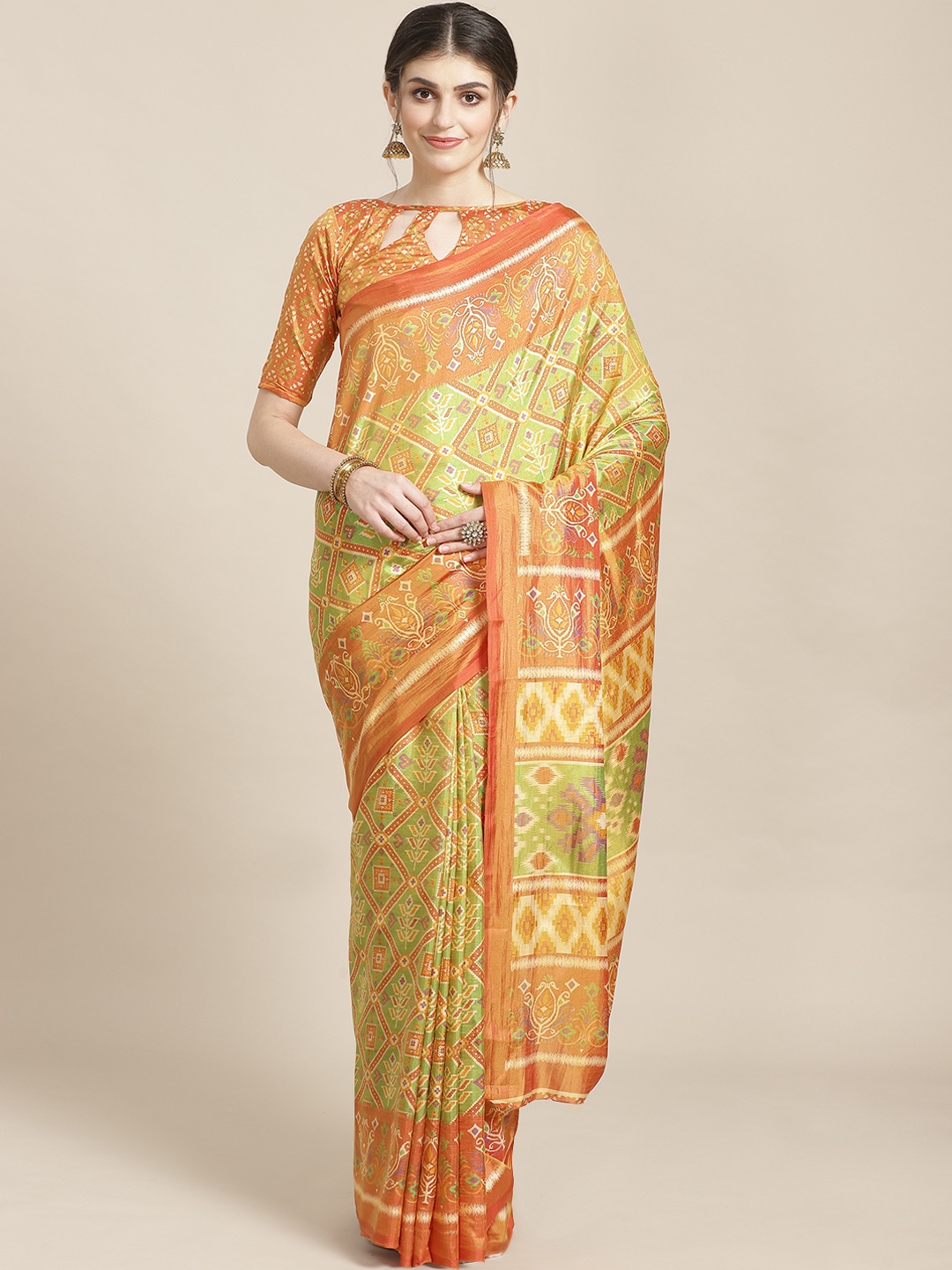 

Saree mall Green & Orange Printed Ikat Saree