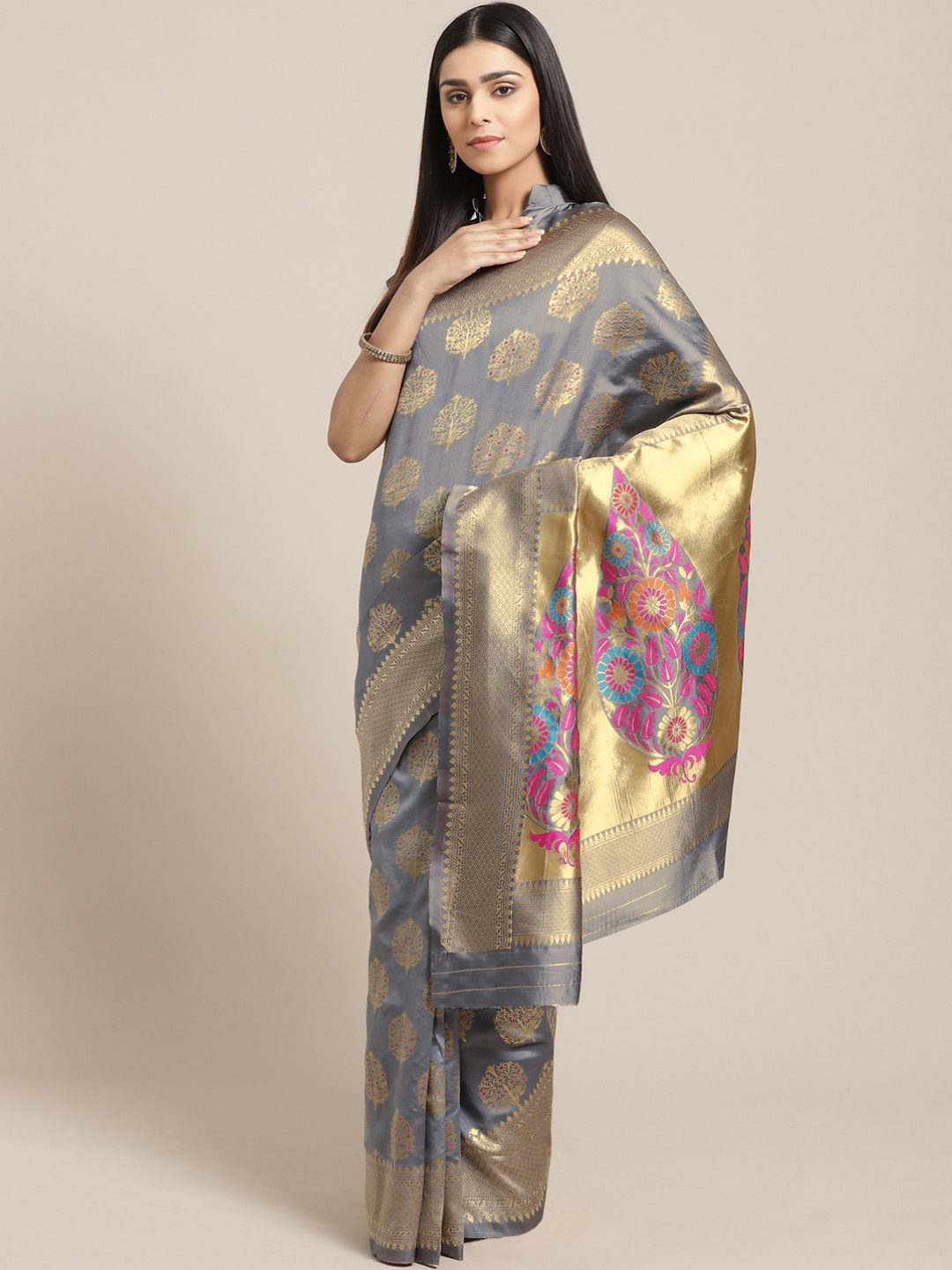 

Saree mall Grey & Golden Woven Design Banarasi Saree