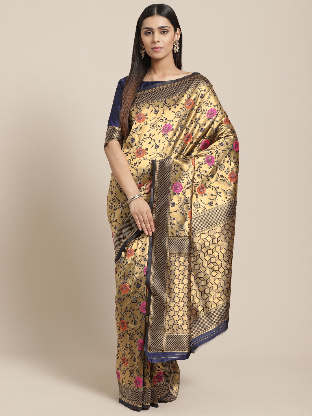 

Saree mall Golden & Navy Blue Floral Woven Design Banarasi Saree, Gold