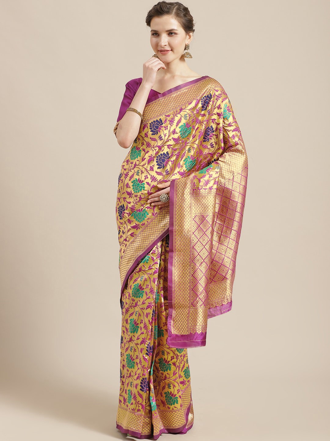 

Saree mall Golden & Purple Floral Woven Design Banarasi Saree, Gold