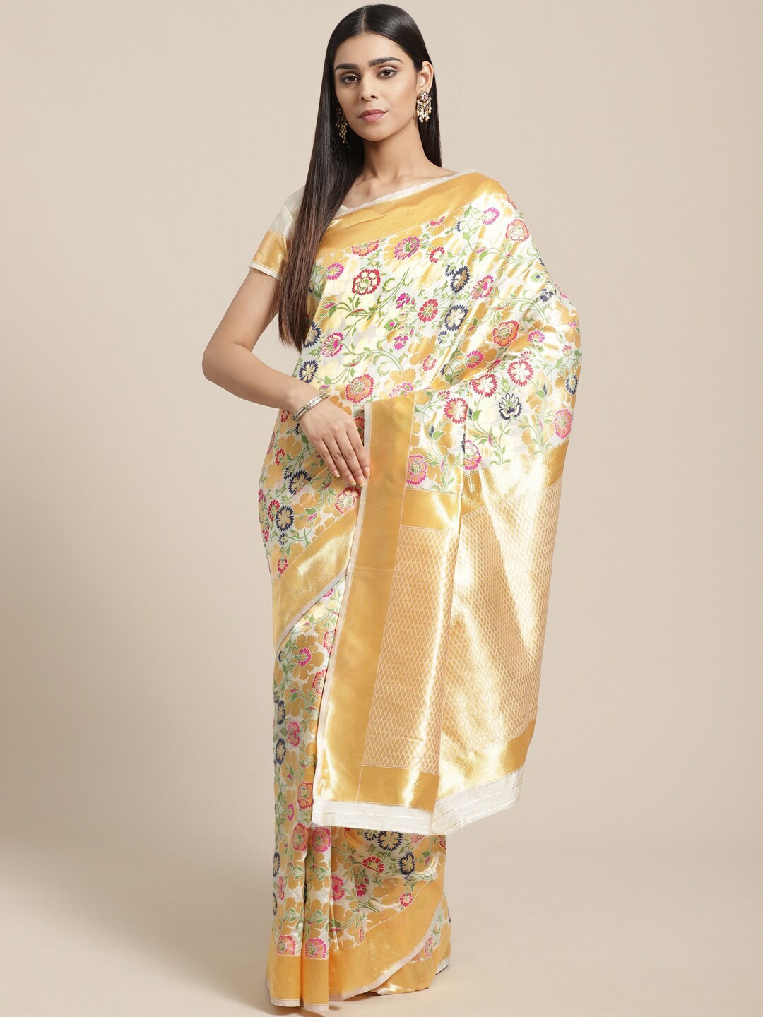 

Saree mall Cream-Coloured & Pink Woven Design Banarasi Saree