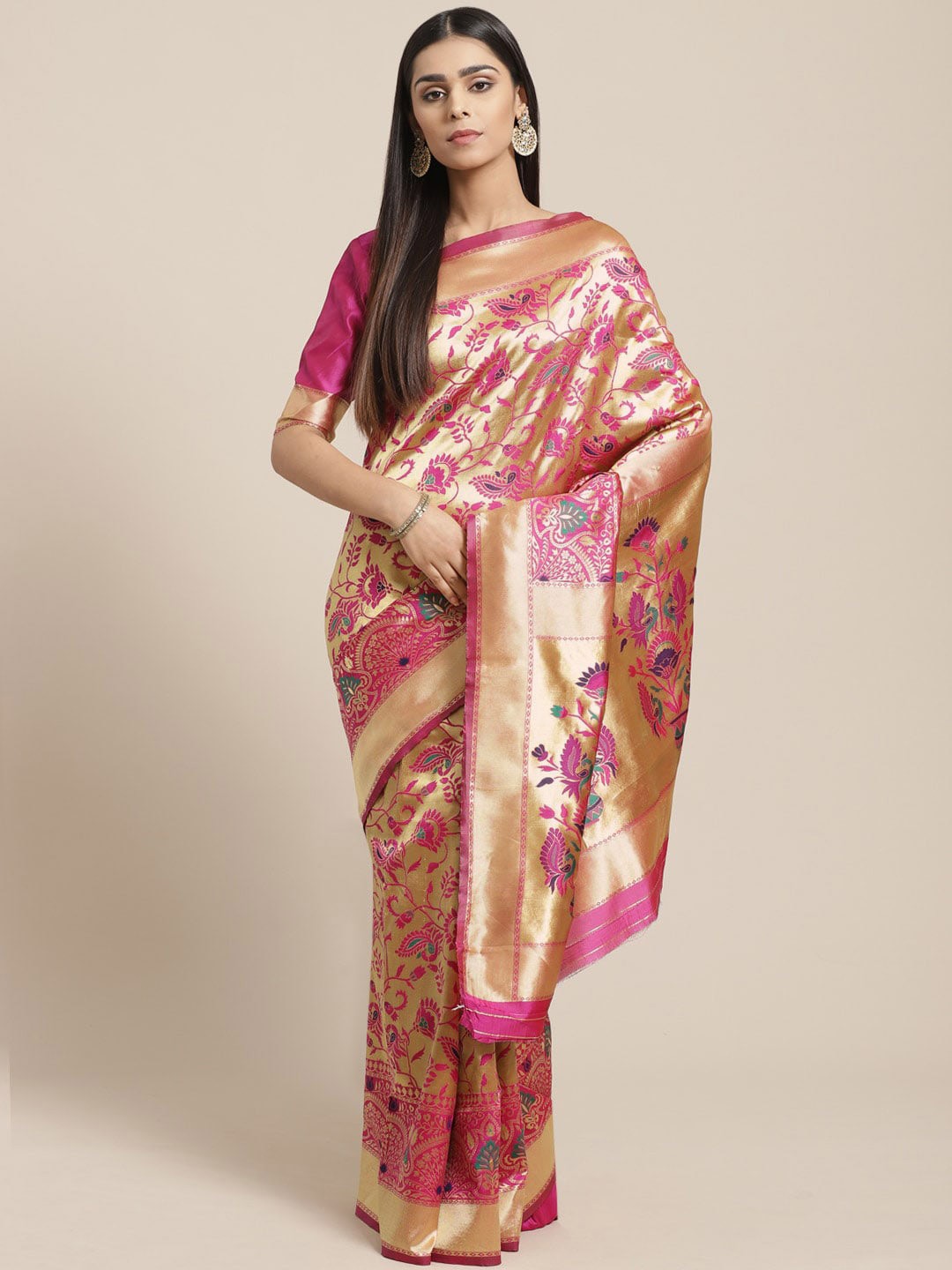 

Saree mall Pink & Golden Woven Design Banarasi Saree