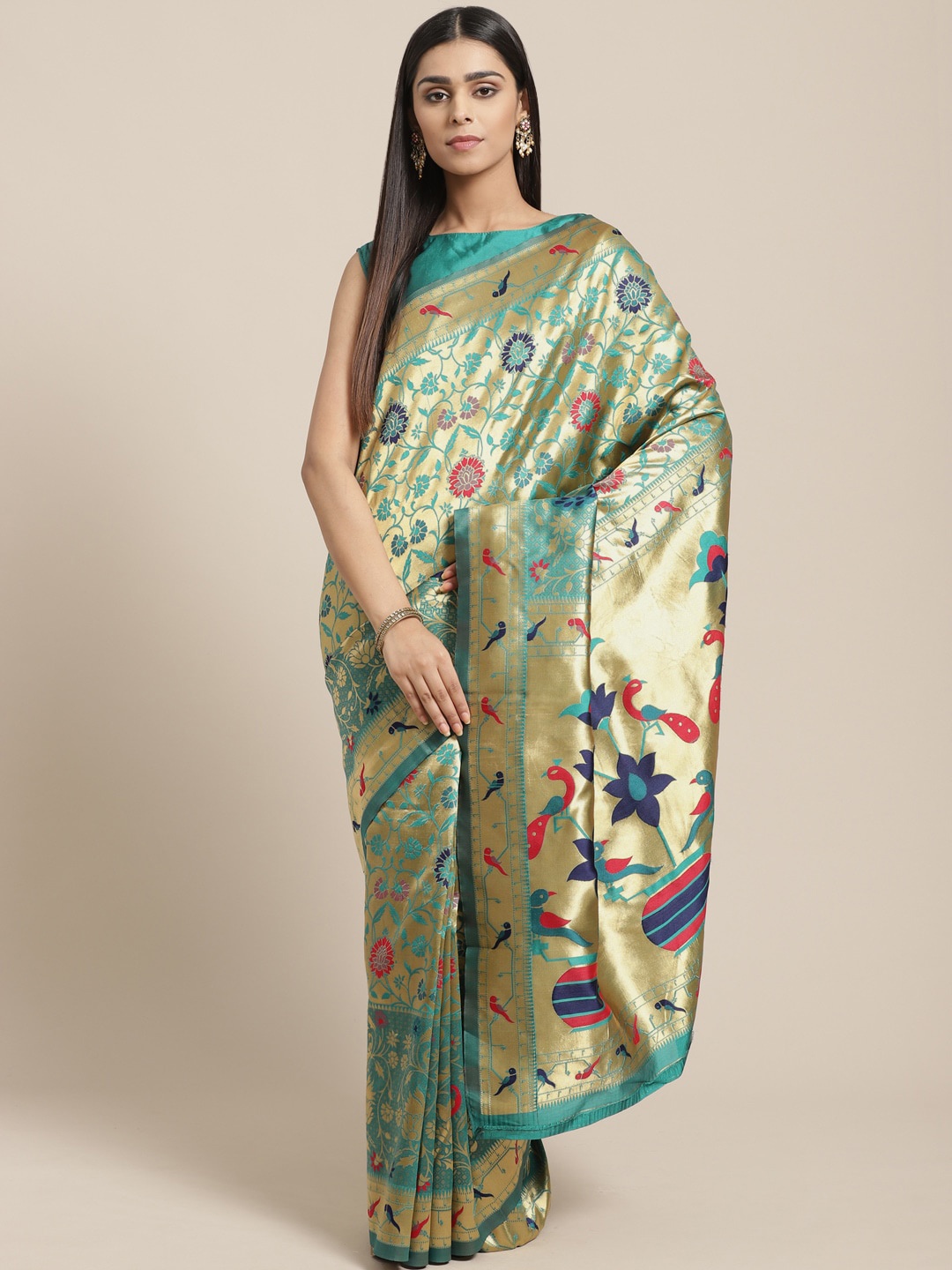 

Saree mall Golden & Teal Green Woven Design Banarasi Saree, Gold