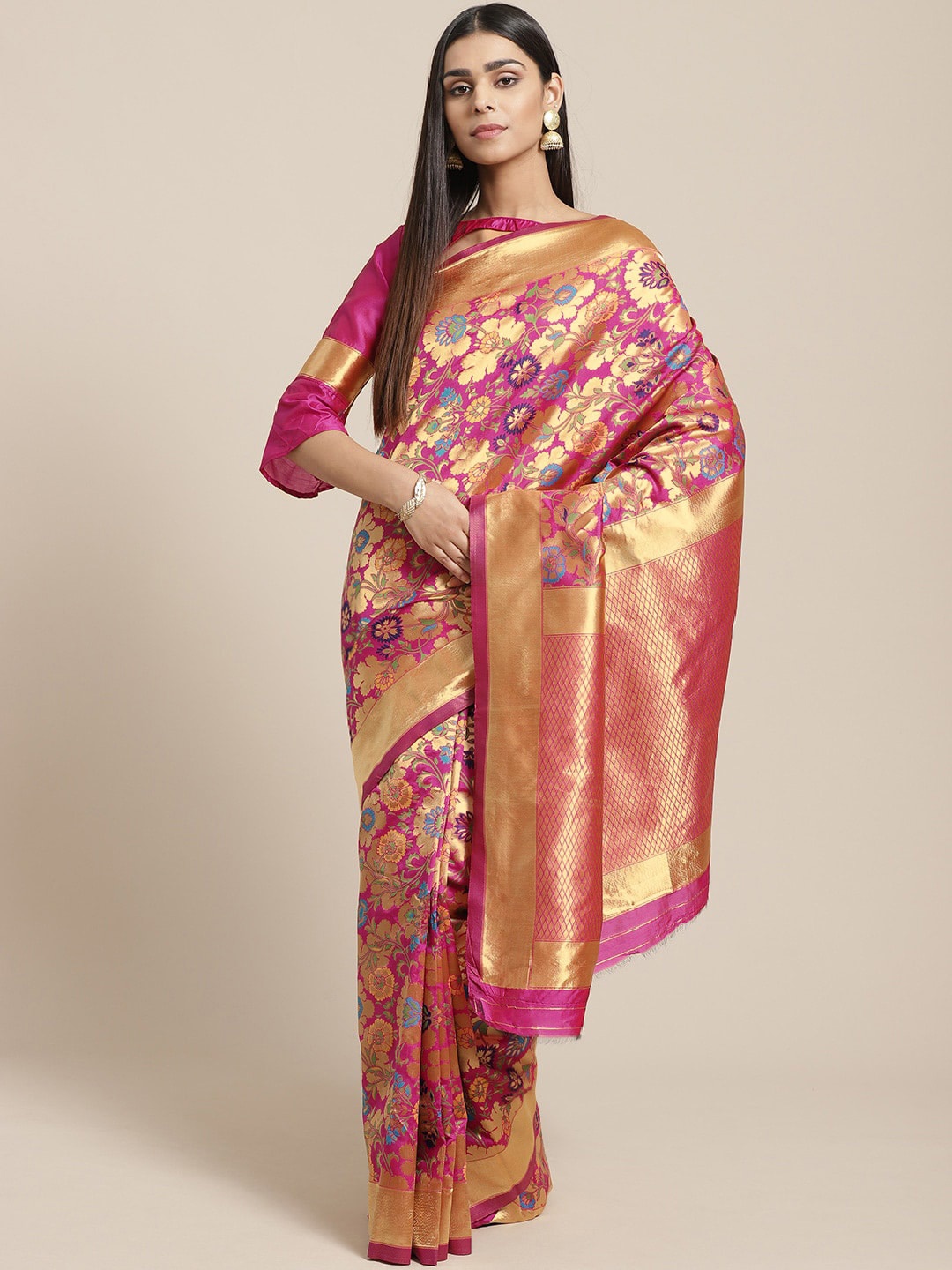 

Saree mall Pink & Golden Woven Design Banarasi Saree