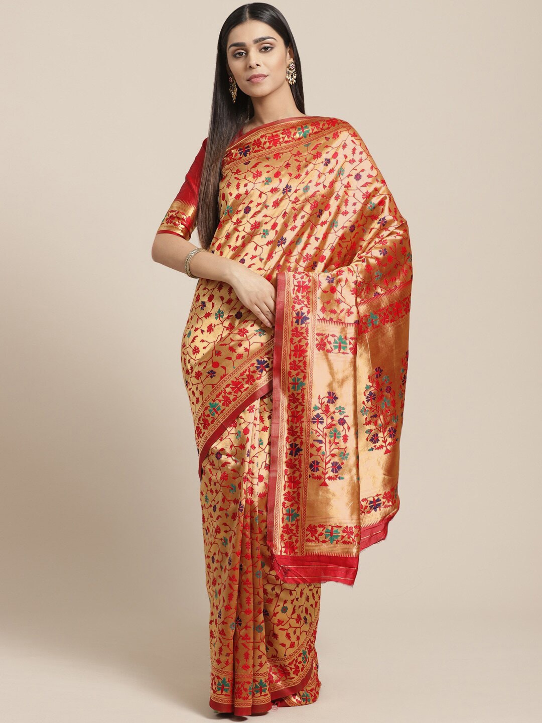 

Saree mall Golden & Red Woven Design Banarasi Saree, Gold