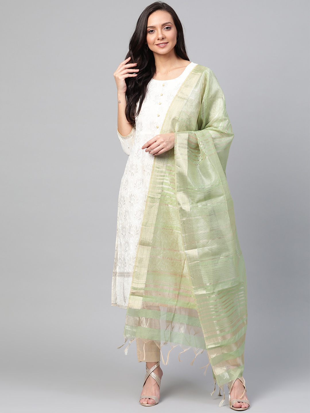 

Indo Era Green & Golden Striped Dupatta