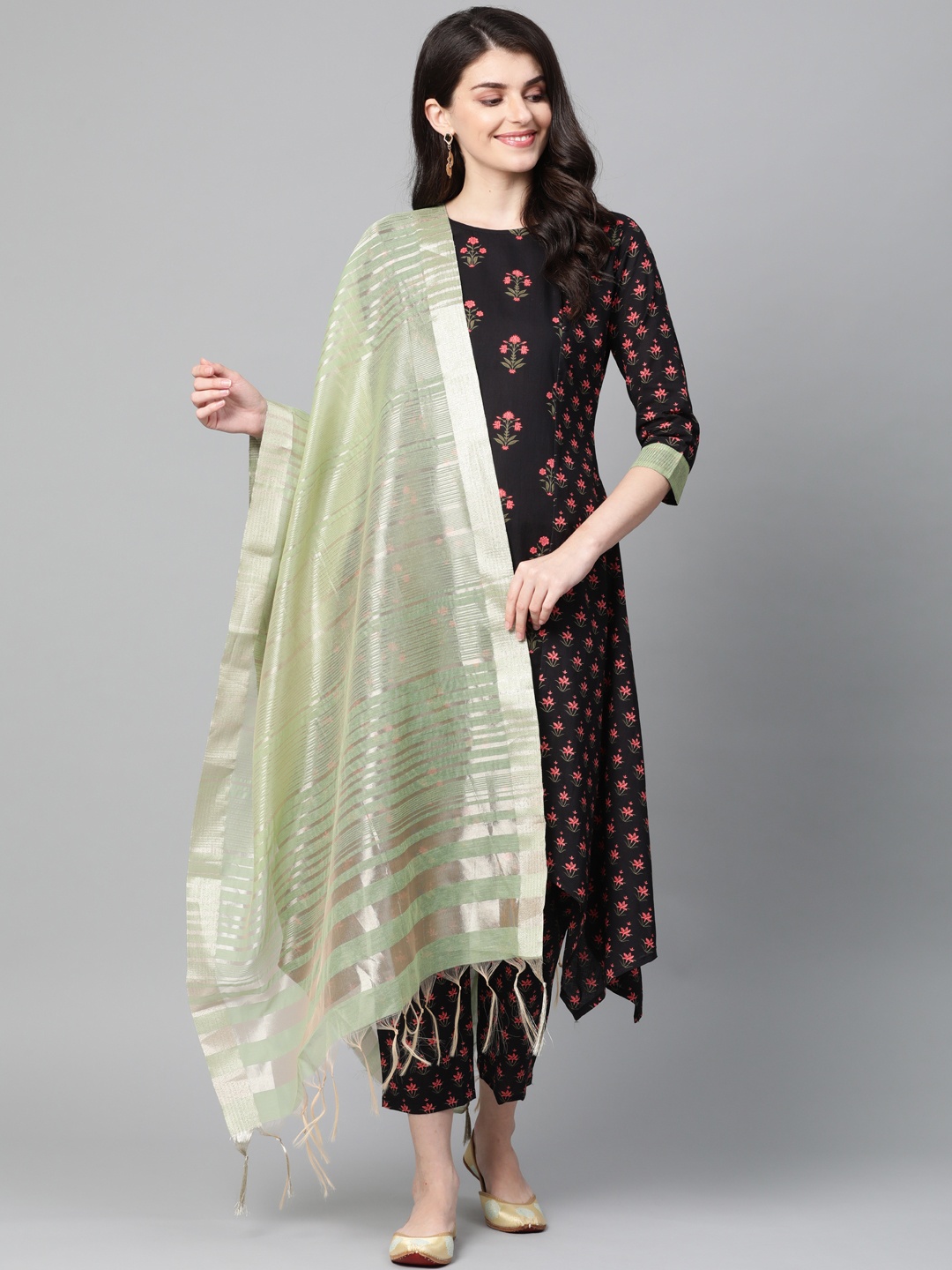 

Indo Era Women Black & Pink Screen Print Kurta with Trousers & Dupatta
