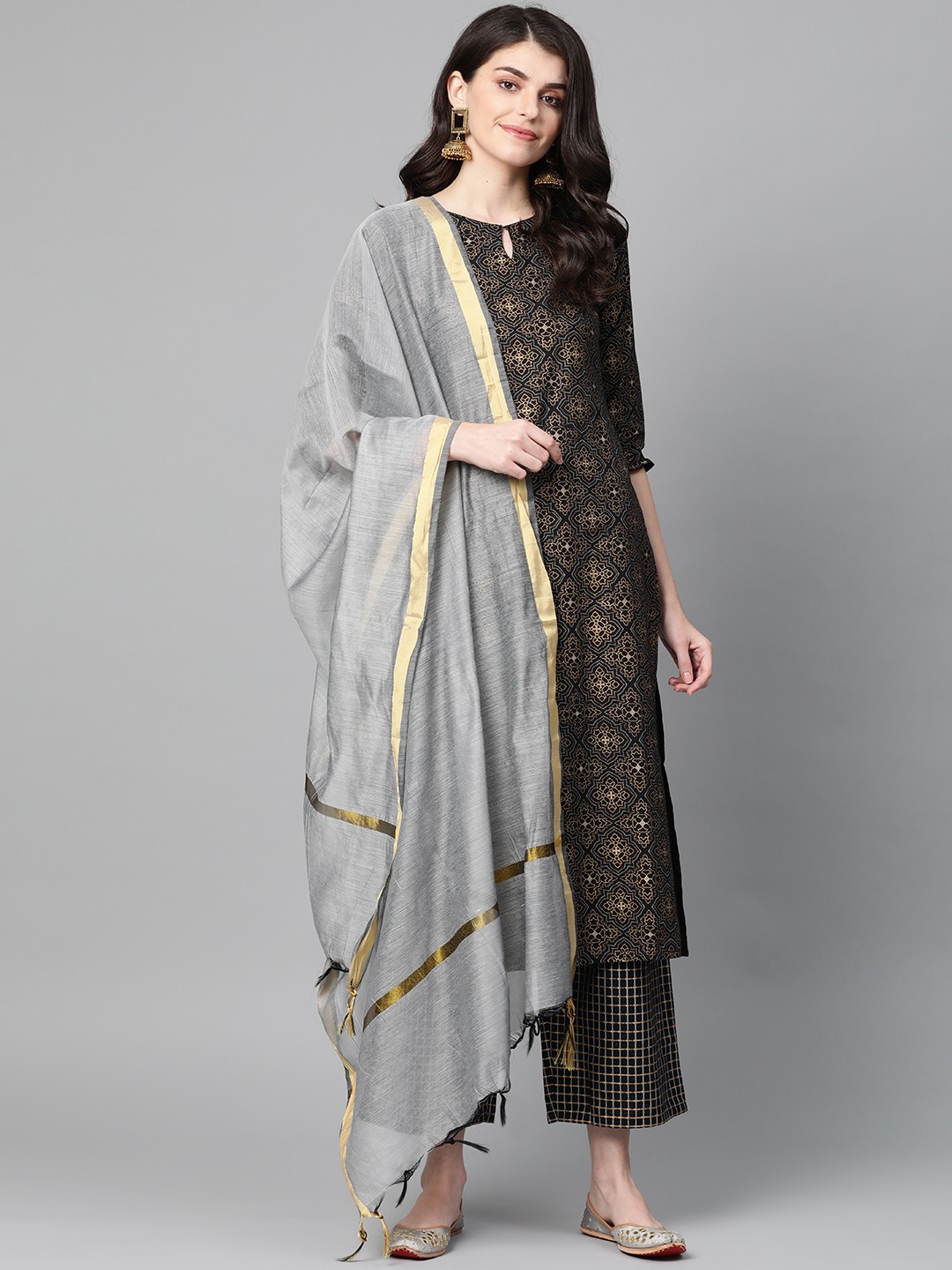

Indo Era Women Black & Golden Foil Print Kurta with Palazzos & Dupatta