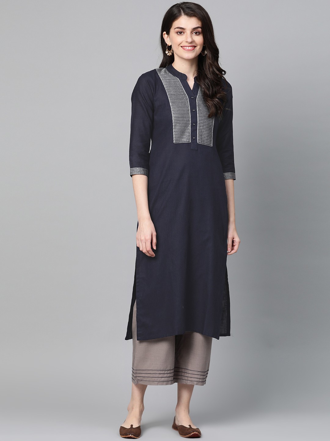 

Indo Era Women Navy Blue & Charcoal Yoke Design Straight Kurta