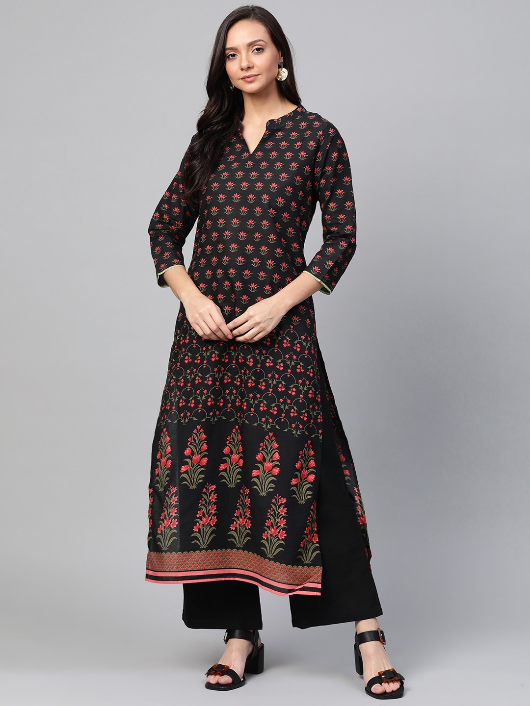 

Indo Era Women Black & Pink Printed Straight Kurta