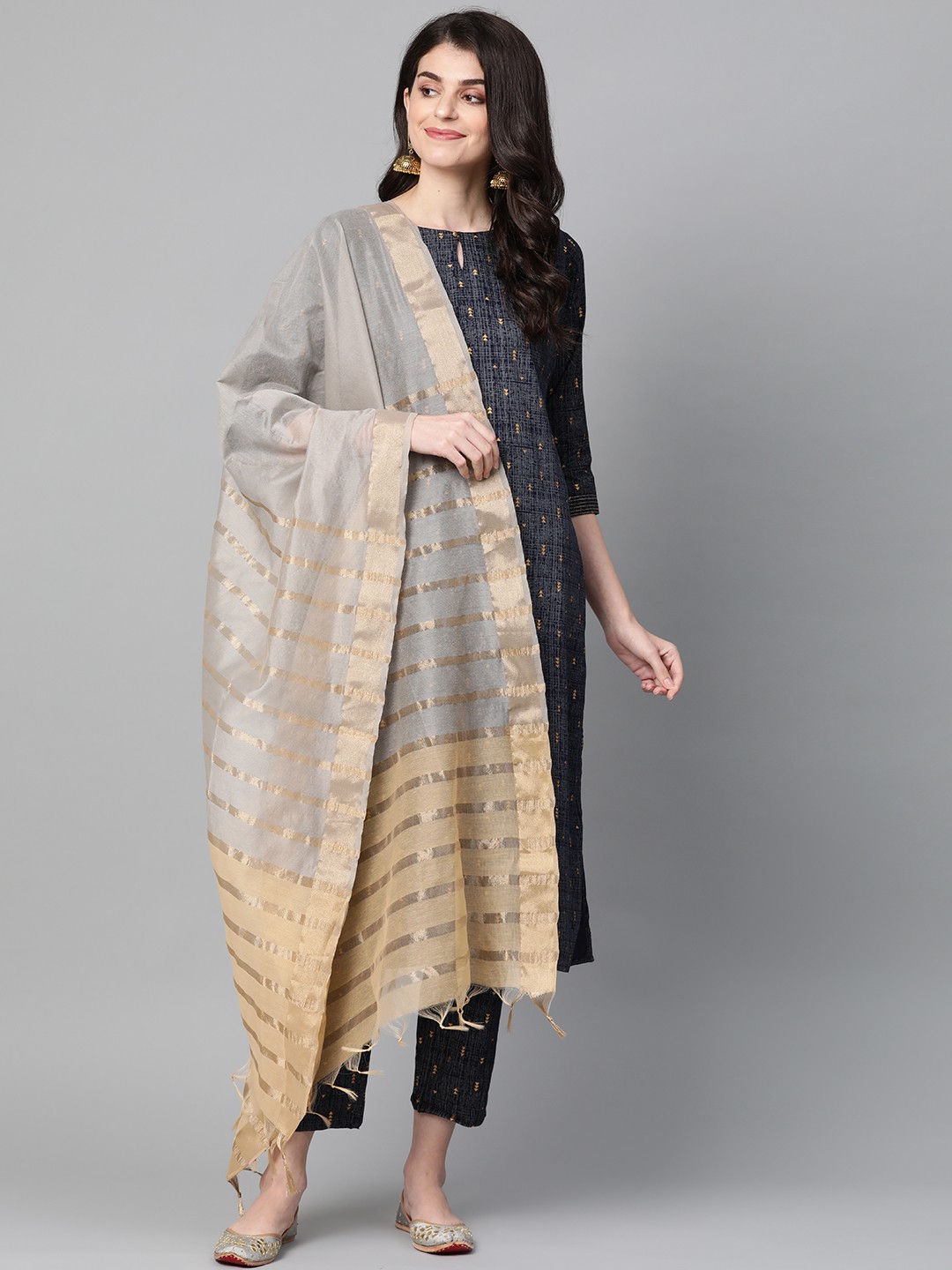 

Indo Era Women Navy Blue & Grey Foil Print Kurta with Palazzos & Dupatta