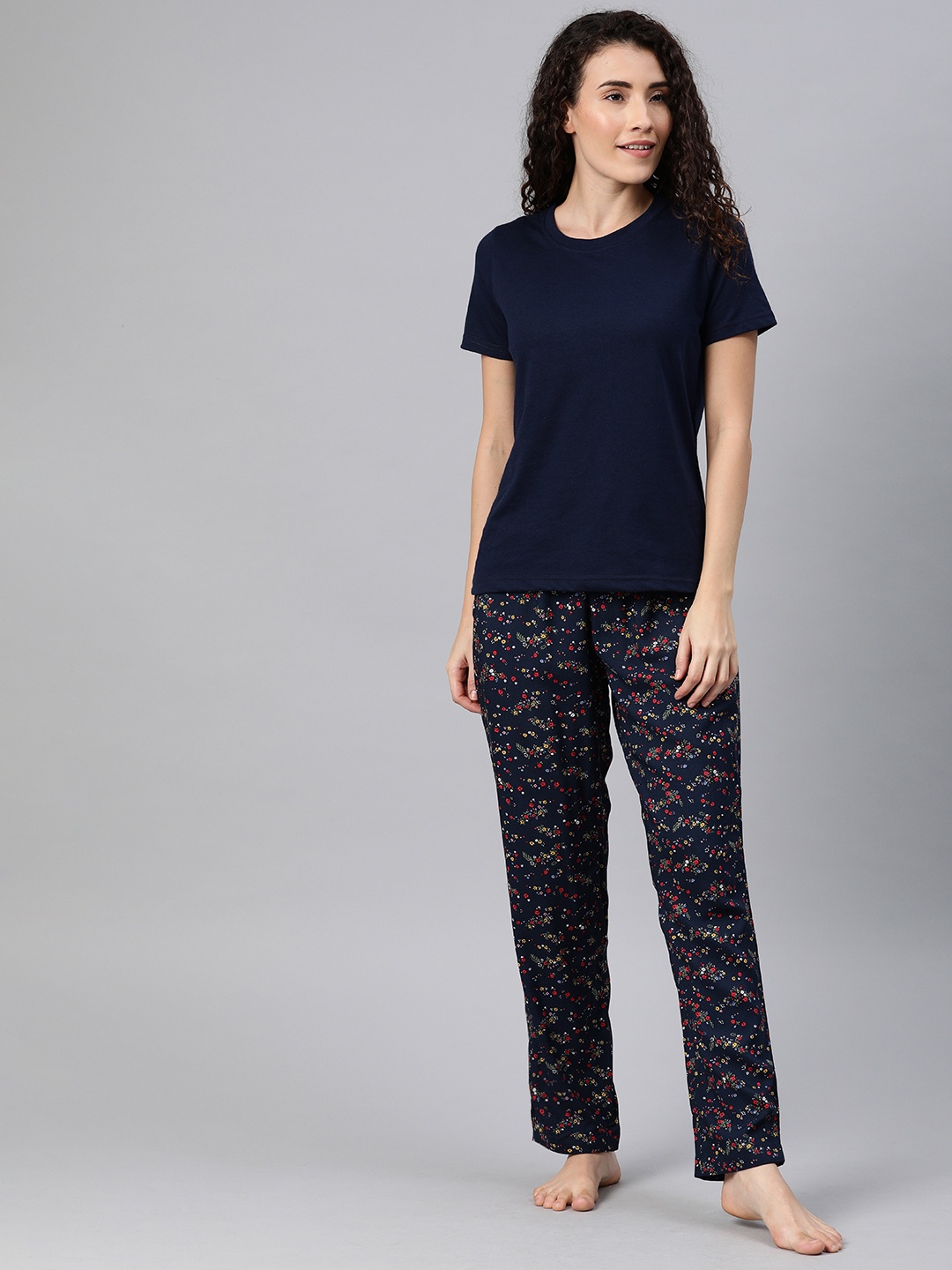 

DRAPE IN VOGUE Women Navy Blue Solid Night Suit With Floral Print Bottomwear