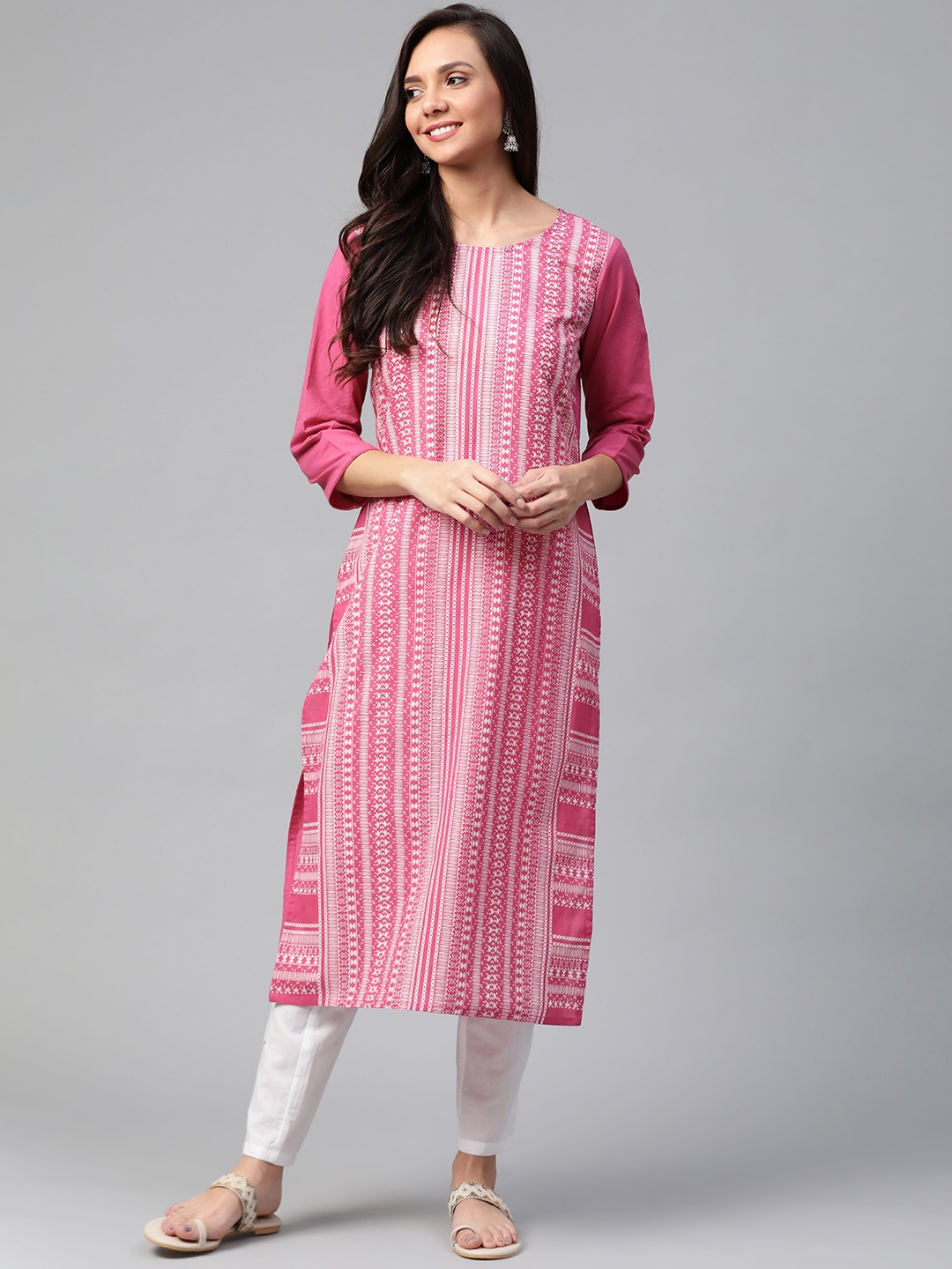 

HERE&NOW Women Pink & White Printed Straight Kurta