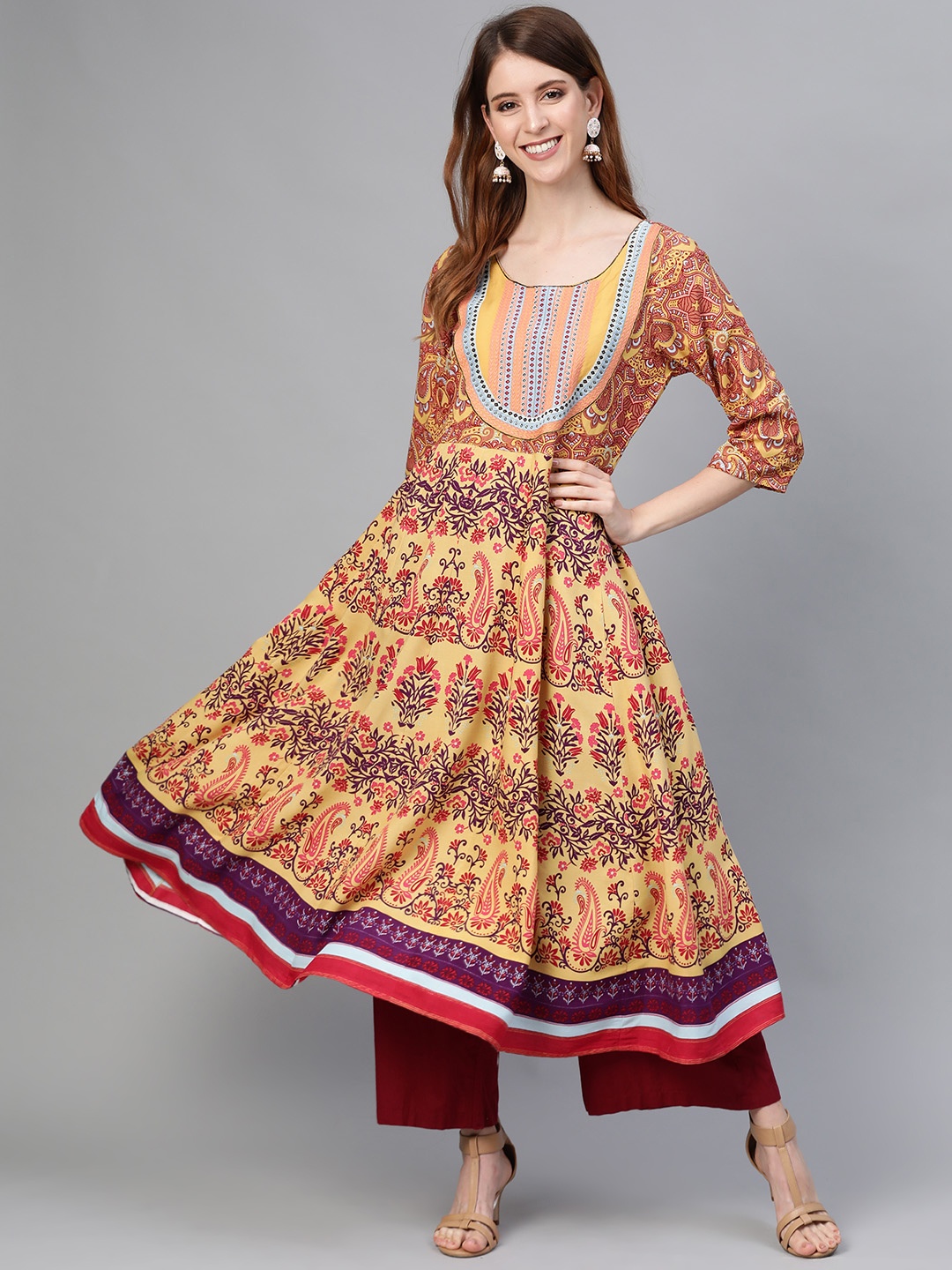 

HERE&NOW Women Mustard Yellow & Purple Embroidered Printed Anarkali Kurta
