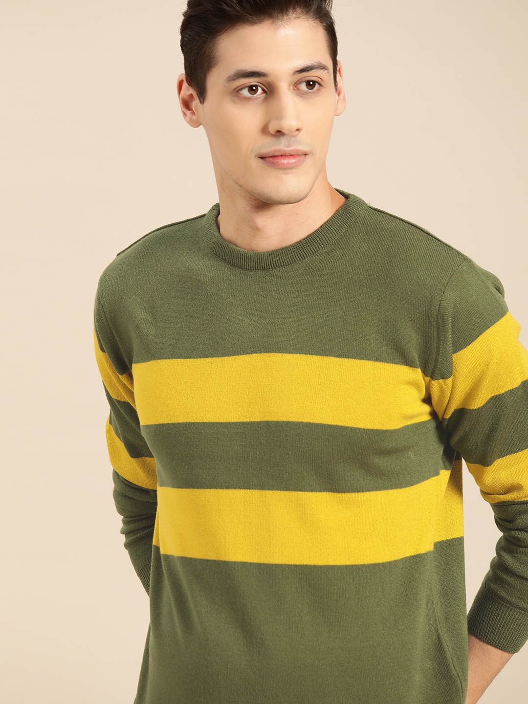 

ether Men Olive Green & Mustard Yellow Striped Pullover Sweater