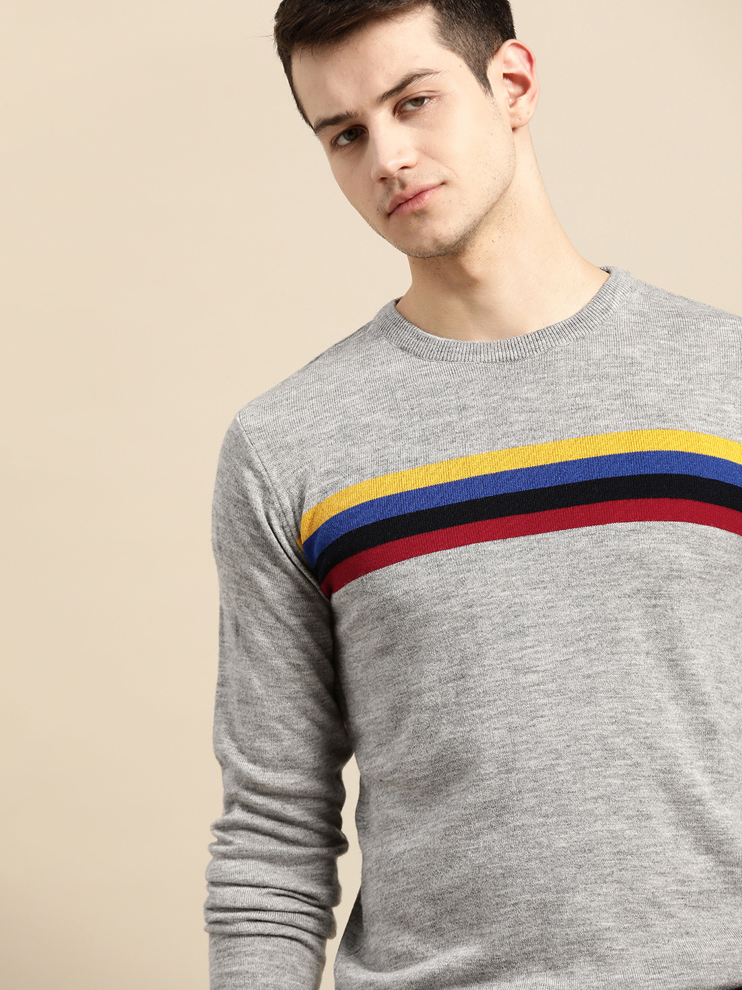 

ether Men Grey Melange & Blue Multi-Striped Acrylic Sweater